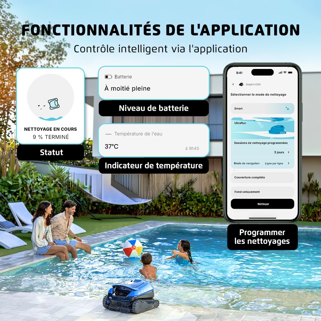Dolphin Nautilus EON 100 Robot Piscine sans Fil pour Piscines Jusqu’à 15 m, Nettoyage Fond, Parois, Ligne d’Eau, Marches, Filtration Fine, Contrôle par App, Navigation Intelligente