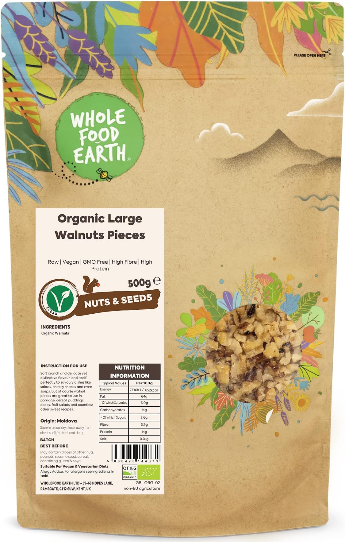 Wholefood Earth Organic Large Walnuts Pieces 500g Raw | Vegan | GMO Free | High Fibre | High Protein | Certified Organic