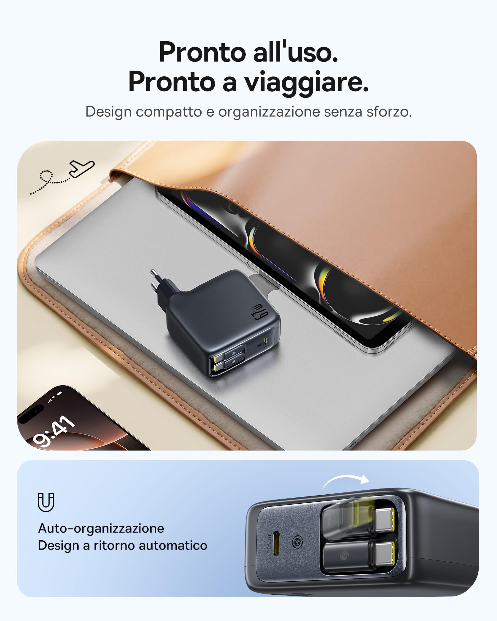 Baseus Enercore Caricatore USB-C 67W GaN Compatto con 2 Cavi Arrotolabili, Porta USB-C