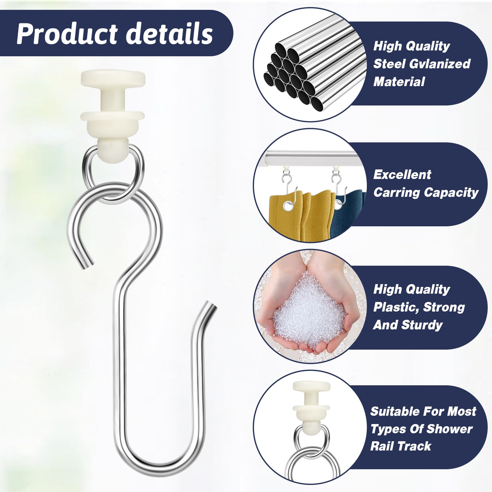 Jeffdad 50 Set Gardinenhaken Gleiter, Gardinenröllchen Curtain Hooks für Schiene für Standardschienen Vorhangschiene Duschvorhangstange Gardinen Schienensystem(50 Gleiter mit 50 Metall Vorhang Haken)
