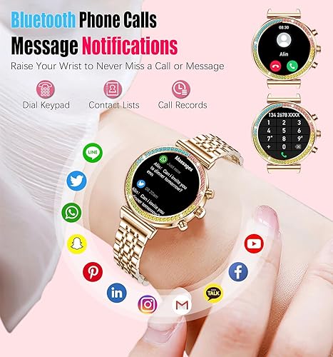 Vista 3 de Reloj inteligente para mujer, pantalla HD de 1.27 pulgadas, Bluetooth llamadas, rastreador de actividad física, reloj inteligente deportivo para Oro