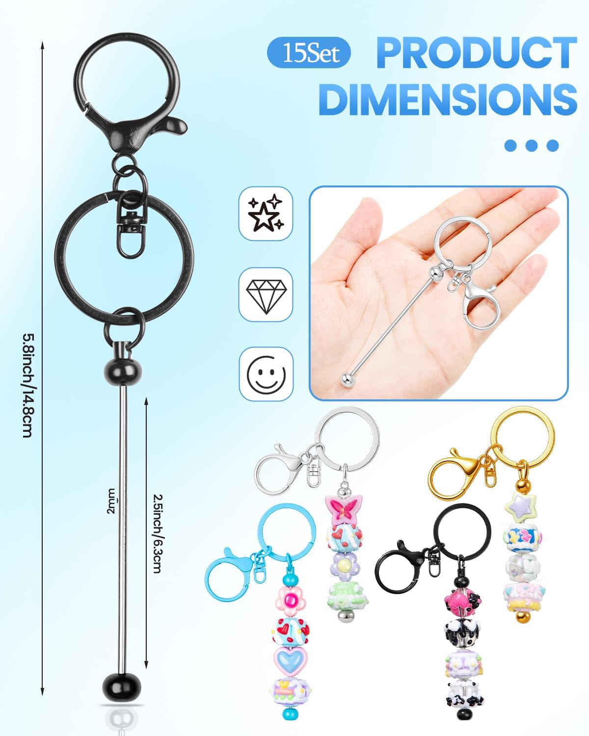 RQAYE 15Pcs Beadable Keychains Bulk Kit Cute Beadable Keychains Bar for Beads DIY Keychain Making Supplies for Women Man Crafts, Jewelry, bag Charms, Custom Projects Gift (Black)