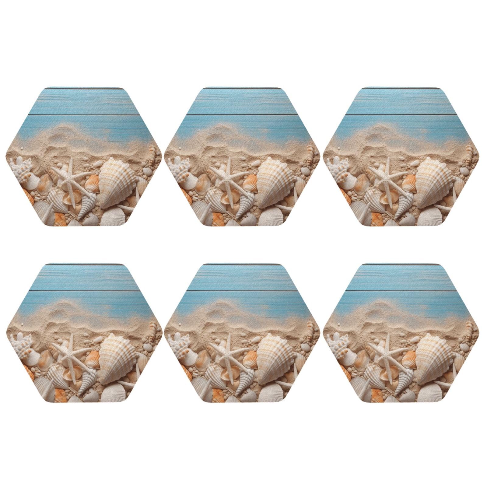 6pcs Leather Coasters for Drinks, Sea Shells and Starfish Drink Coasters for Tabletop Protection, 4" Cup Coasters for Coffee Table Decor, Non-Slip Drinking Cup Mat for Hot Or Cold Drink
