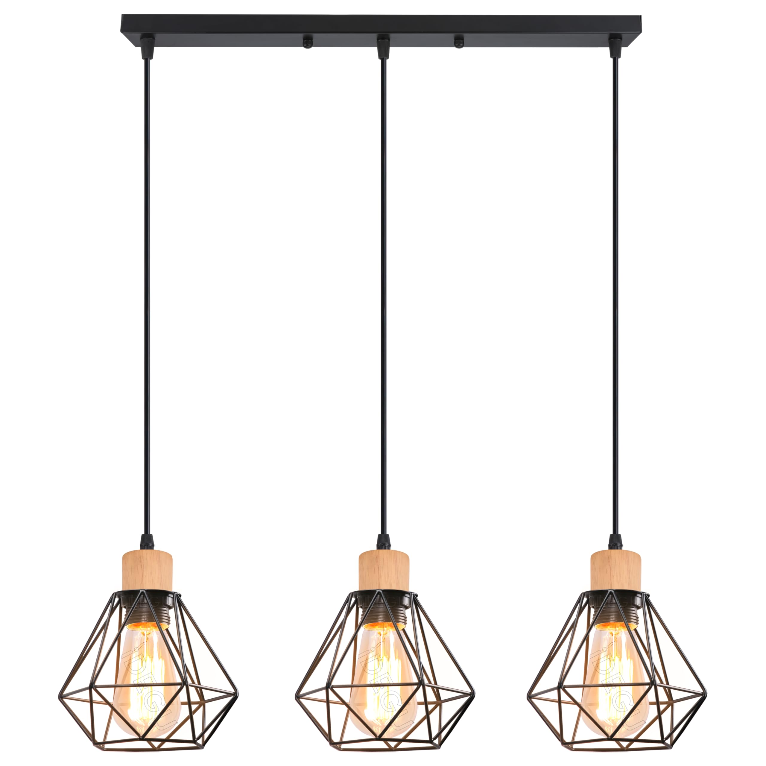 iDEGU 3 Luces Lámpara Colgante Vintage Industrial Iluminación Colgante de Madera Metal Retro Pantalla Diseño Jaula 16cm Luz Colgante Lámpara de Techo para Comedor Cocina Salón Cafetería (Negro, Barre)