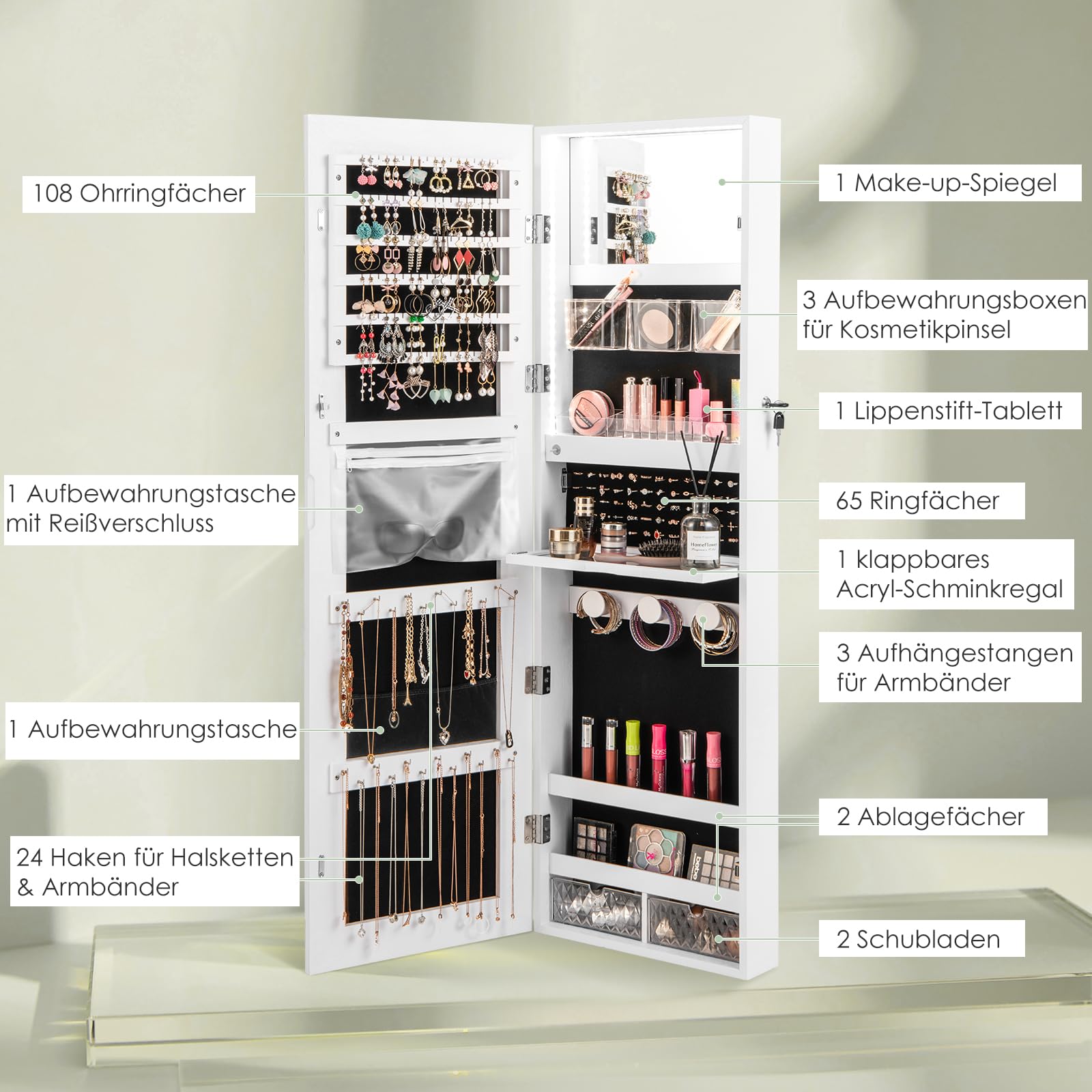 COSTWAY Schmuckschrank mit Ganzkörperspiegel, eingebautem Schminkspiegel & 3-farbigen LED-Lichtern, Schmuck Spiegelschrank für Ringe Kettenhaken Ohrringe, Wand- / Türmontage (Weiß)