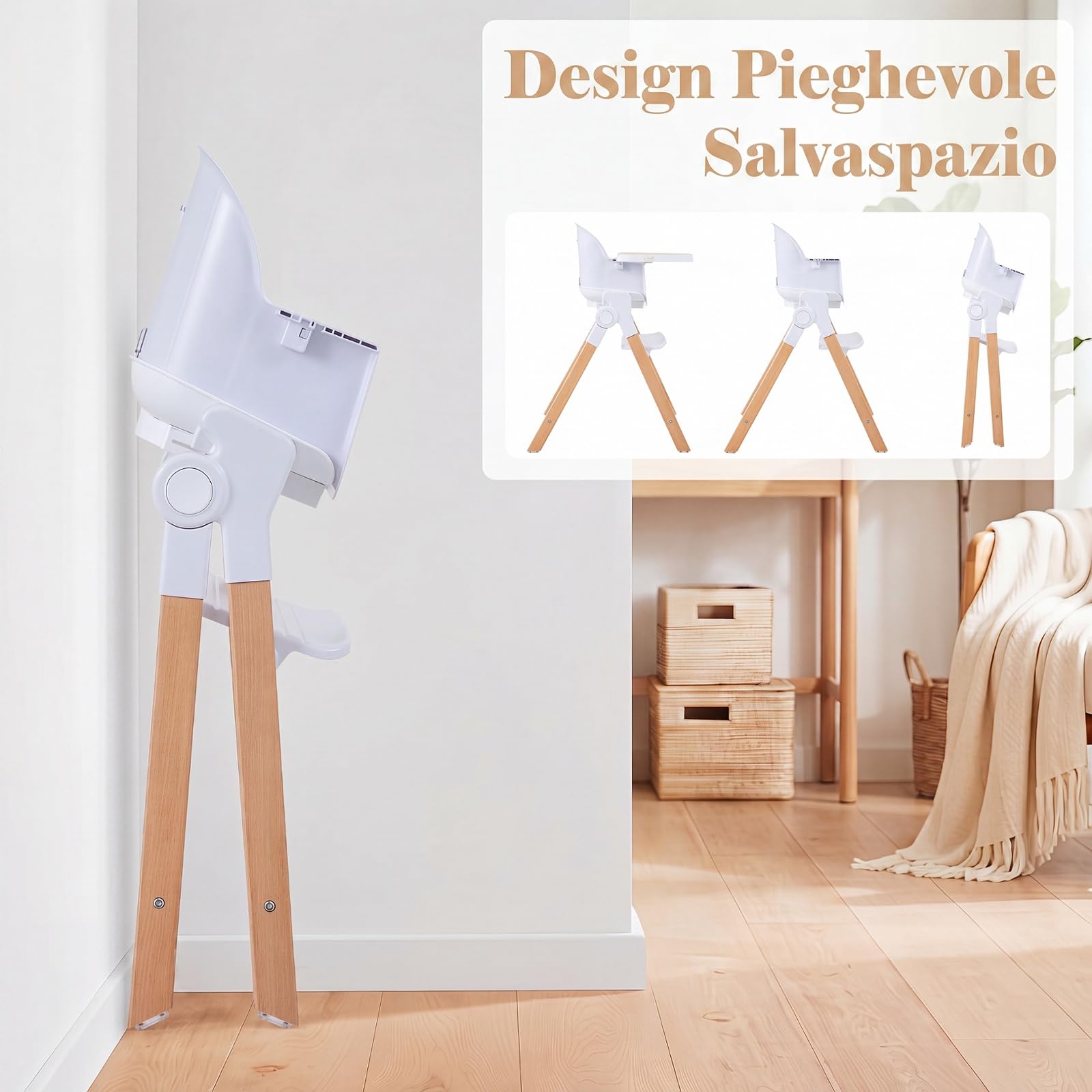 COSTWAY Seggiolone Pappa Pieghevole 4 in 1 con Cuscino di Seduta (Beige) | Seggiolone per Neonati 6-36 Mesi con Vassoi Rimovibili, Portabicchieri, Cintura di Sicurezza e Gambe in Legno