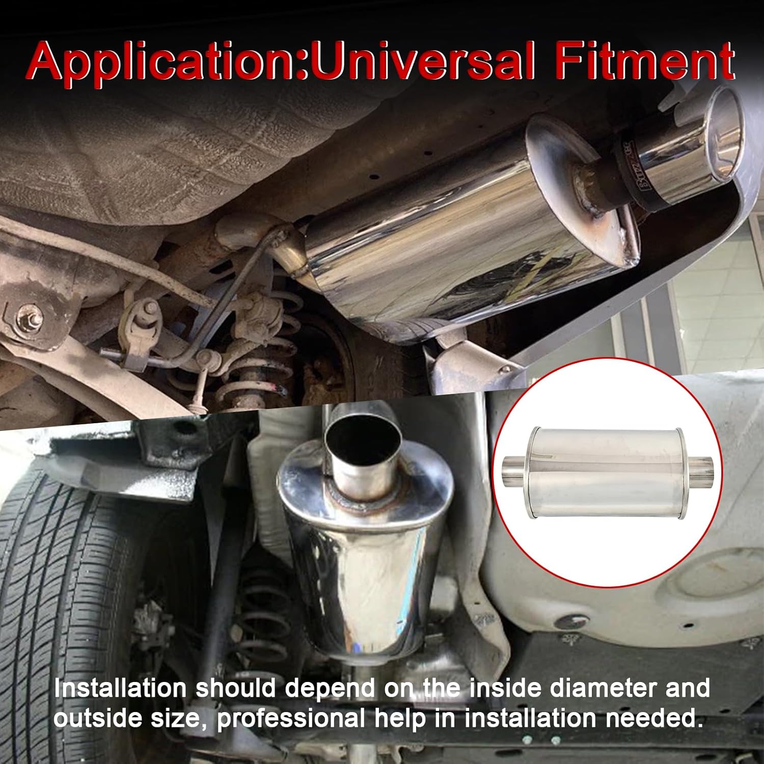 2'' Inch Ultra Quiet Resonator,2" Inlet 2" Outlet Exhaust Resonator,13.8" Overall Length Performance Muffler Resonator T304 Stainless Steel Universal Fitment