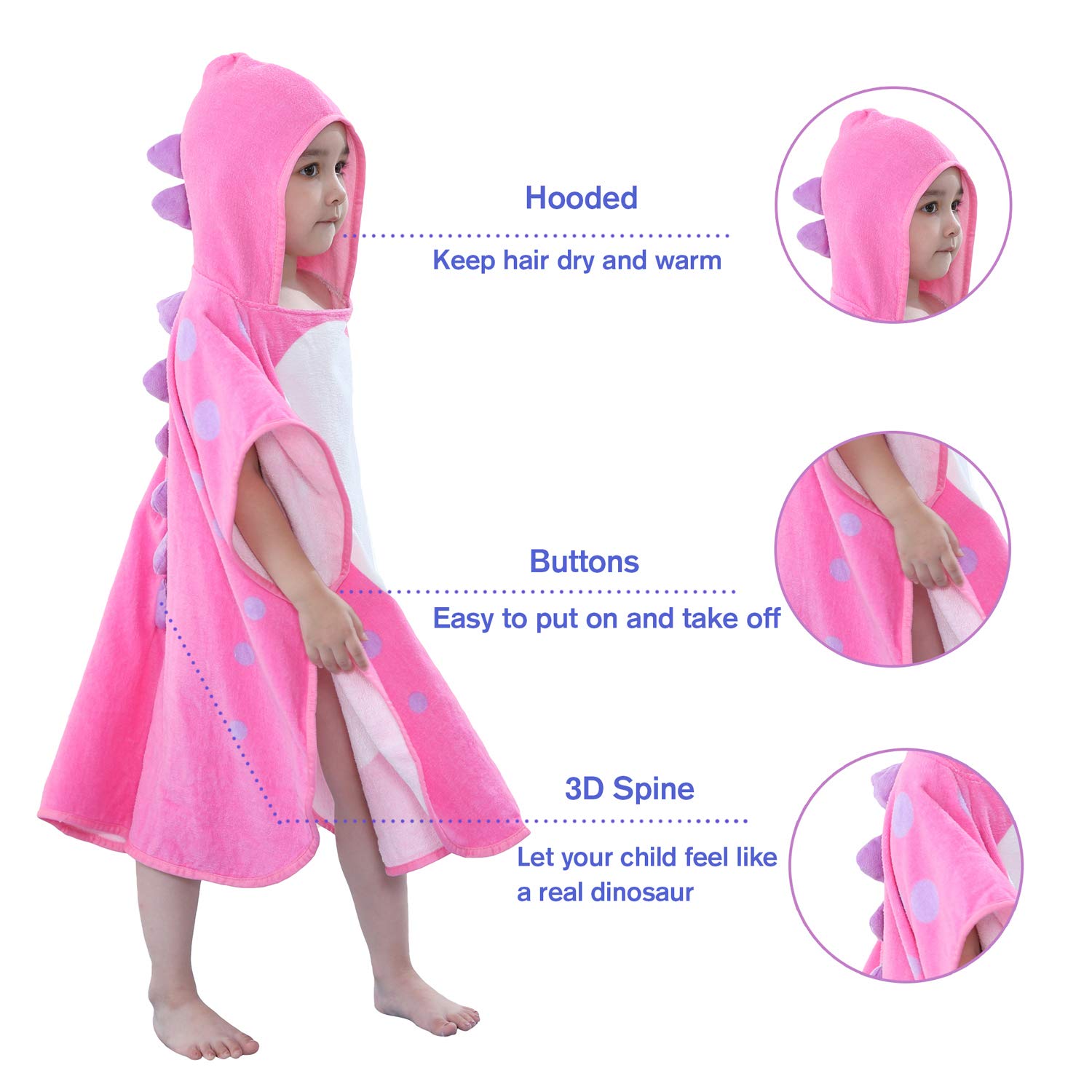Girls Dinosaur Hooded Beach Towel - 35x60 Inch Quick Dry Kids Bath Towel Wrap With Snap Buttons - View #5