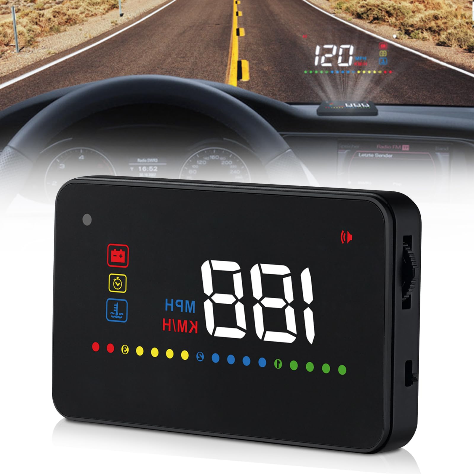 Écran tête haute de 3,5" pour voiture, matériau ABS + PC de qualité supérieure, écran HUD de voiture, affichage LED, compatibilité OBD2, speedomètre, compteur de vitesse, pour une utilisation