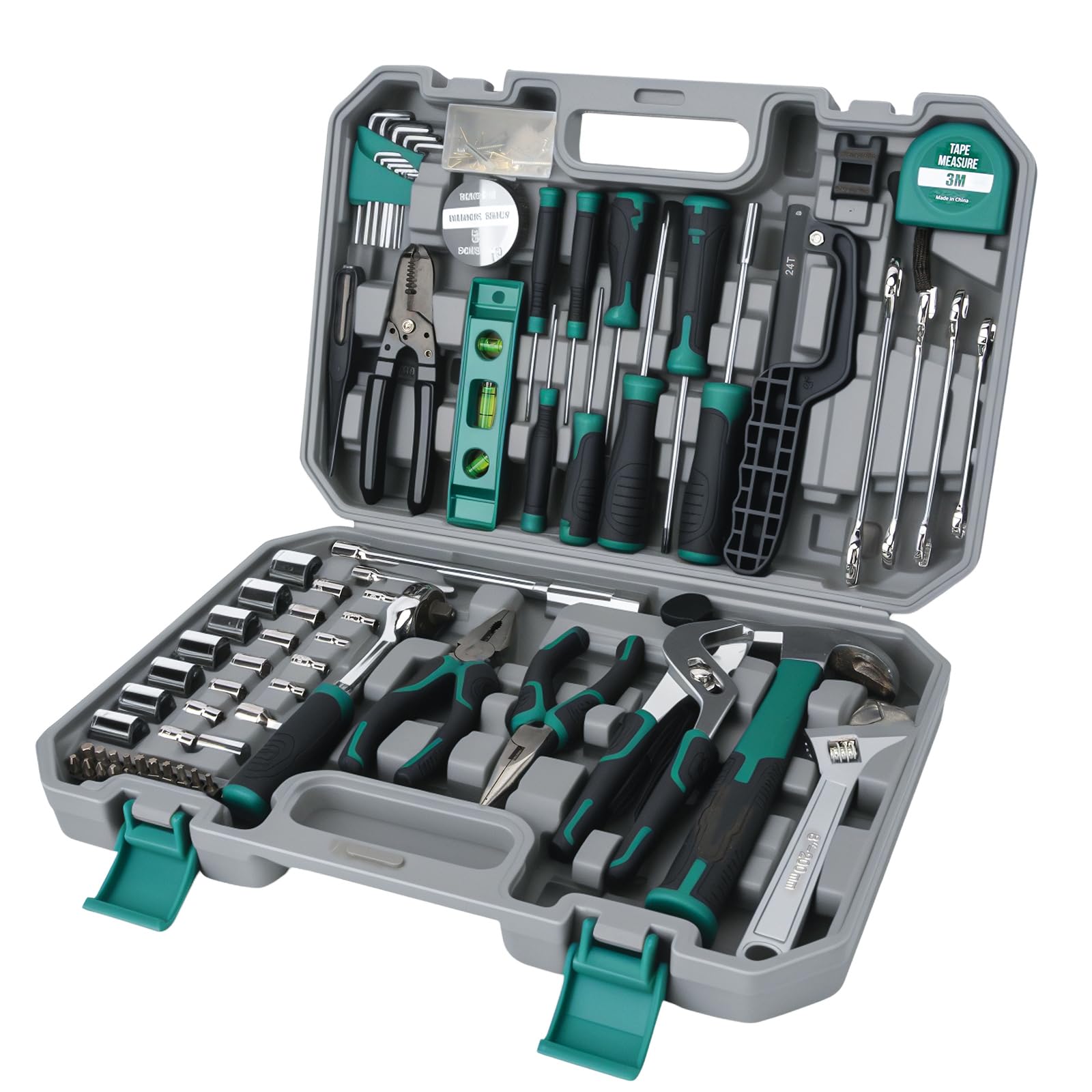 HUIYOPU 139Pcs Tool Kit - Home & Auto Repair Heavy Duty Wrench and Socket Set, Pliers, Screwdriver, Hammer, Tape Measure & Electrical Tape for DIY, Maintenance & Emergency Repairs