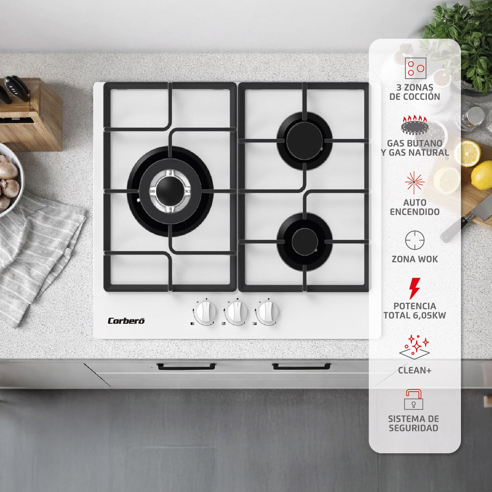 Corberó - Plaque gaz butane 60 cm | CPCGM3F3126W | Puissance 6,05 kW | 3 zones | Zone Wok | Auto-allumage | Couche de protection Clean+ | Arrêt automatique | Verre blanc