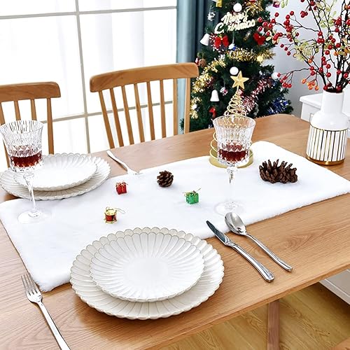 Camino de mesa navideño de piel sintética blanca como la nieve, caminos de mesa de piel sintética para fiestas, cumpleaños, Navidad, amigos,