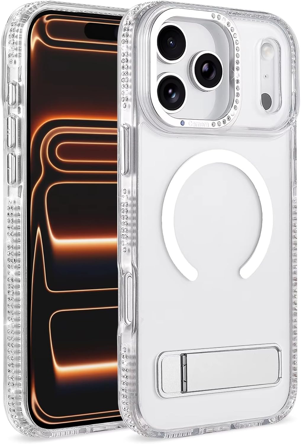 Folding Stand Holder Magnetic 2 in 1 Wireless Charging Phone Case with Camera Diamond Glitter Covers Case for iPhone 17 16 15 14 (Silver,OPP Bag,for iPhone 14 promax)