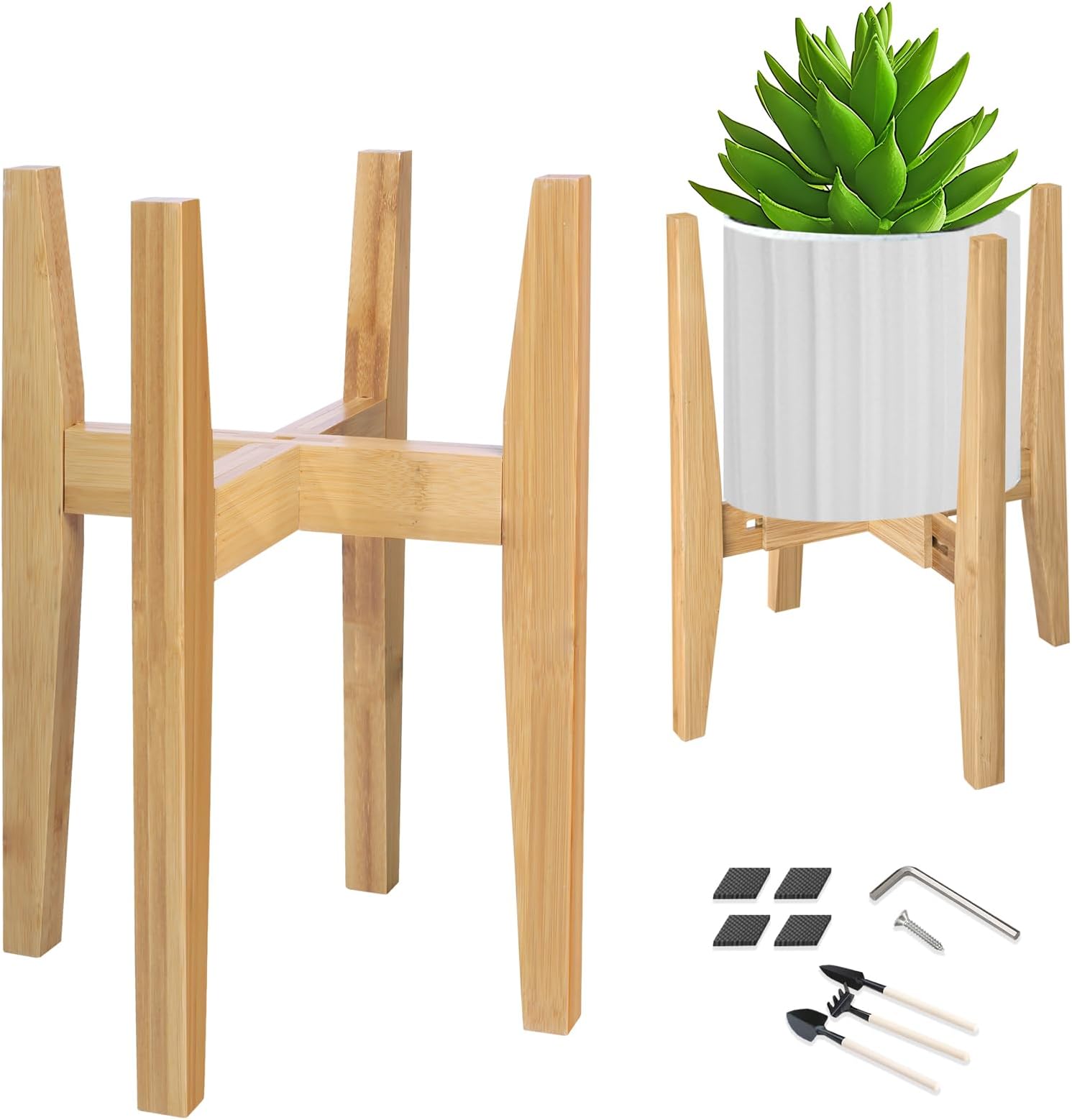 Adjustable Plant Stand Indoor, Bamboo Mid Century Modern Plants Stands, Corner Flower Holder for Living Room, Fits 8 to 12 Inches Pots, (Pot & Plant Not Included)(Nature, 1 Pack)