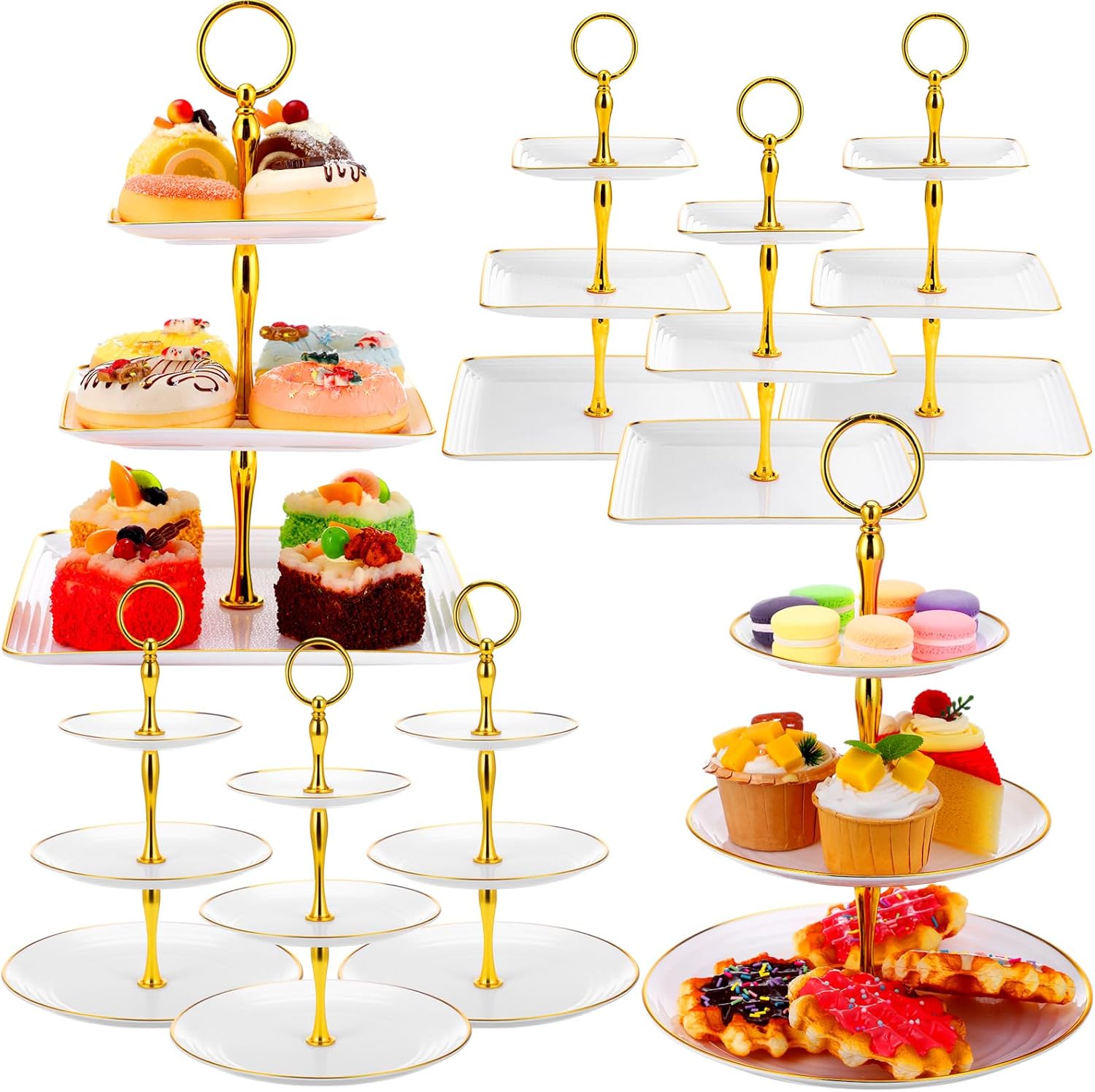 8 Pcs 3 Tier Dessert Stand Bulk Tiered Cupcake Stand Thick Plastic Gold Square Round Serving Tray Dessert Table Display Set Cake Cupcake Holder for Wedding Birthday(Gold Edge,White)