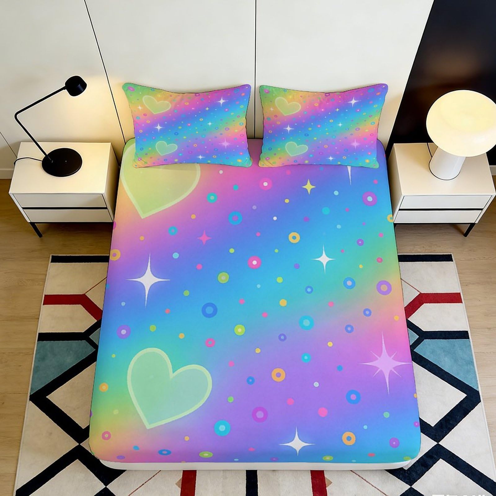 Jqzkxnhpbr Style-9 3D Printed Rainbow Gradient Fitted Sheet Microfiber Soft Pastel Heart Star Mattress Cover Bedroom Dorm Decor 90X200x25cm