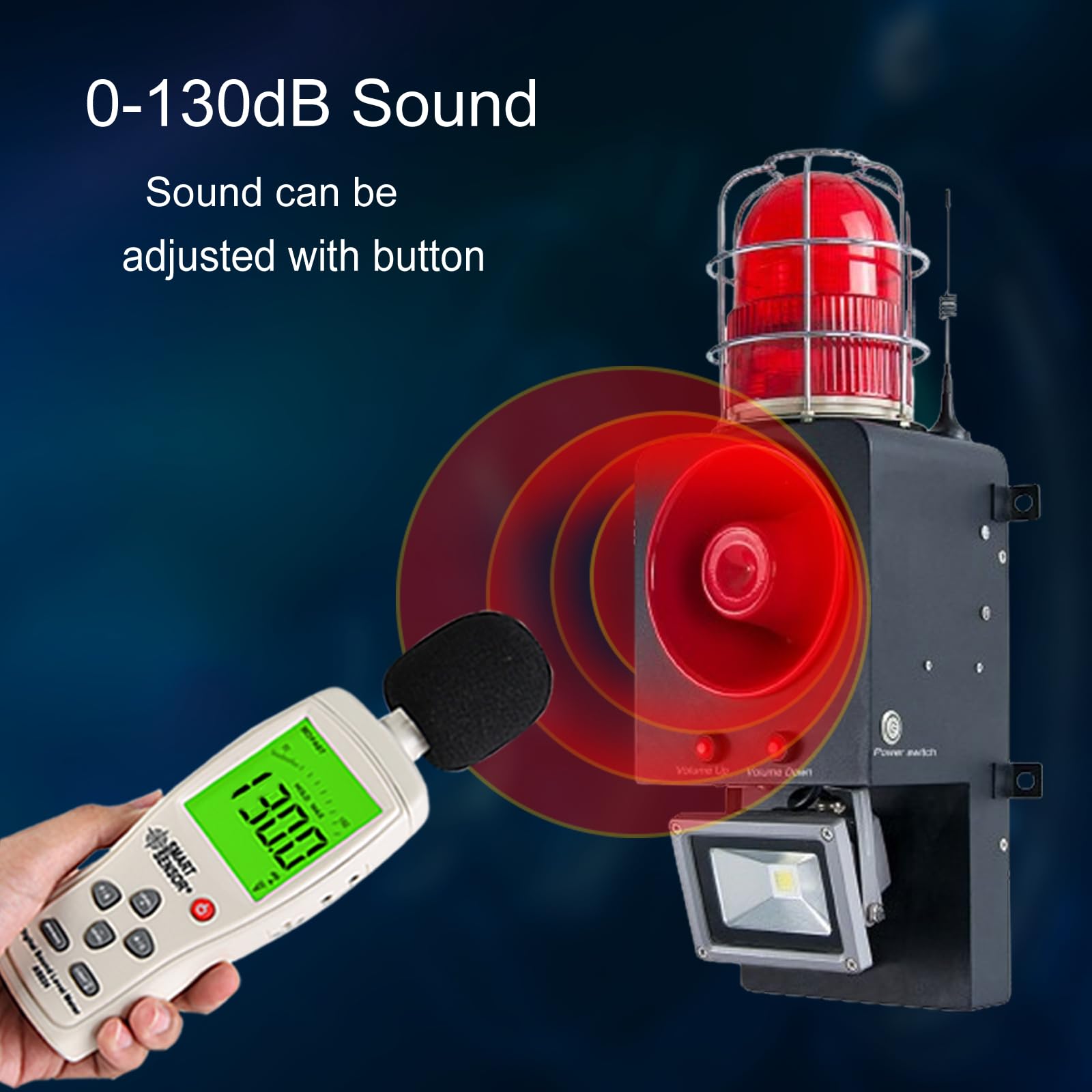1.24mile Remote Control Emergency Alarm Siren Adjust130dB Horn Strobe Siren with Floodlight for Home Tunnel Factory Port Terminal Mine Metallurgy AC110-120V