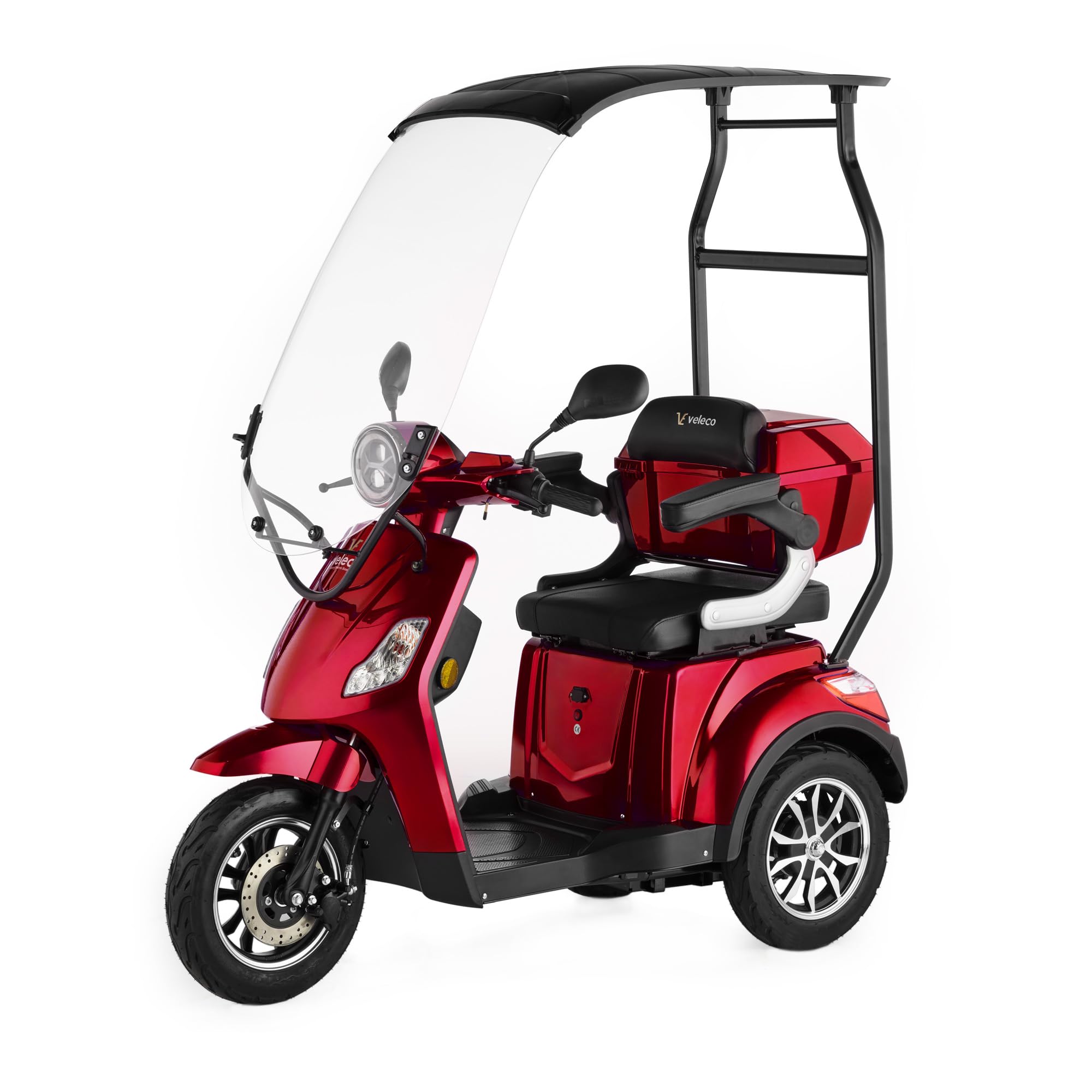 VELECO DRACO - dispositivo de movilidad de 3 ruedas - con techo y parabrisas - batería extraíble de iones de litio - potente motor - alarma - marcha atrás (Rojo)