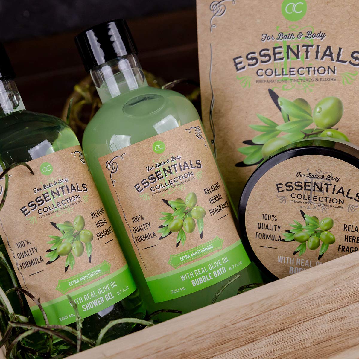 accentra Coffret cadeau Coffret bain et douche Secret Garden au thé blanc et à l'abricot - Coffret 8 pièces & Set cadeau Wellness olive dans un panier en bois, set de soins pour femmes 6pcs