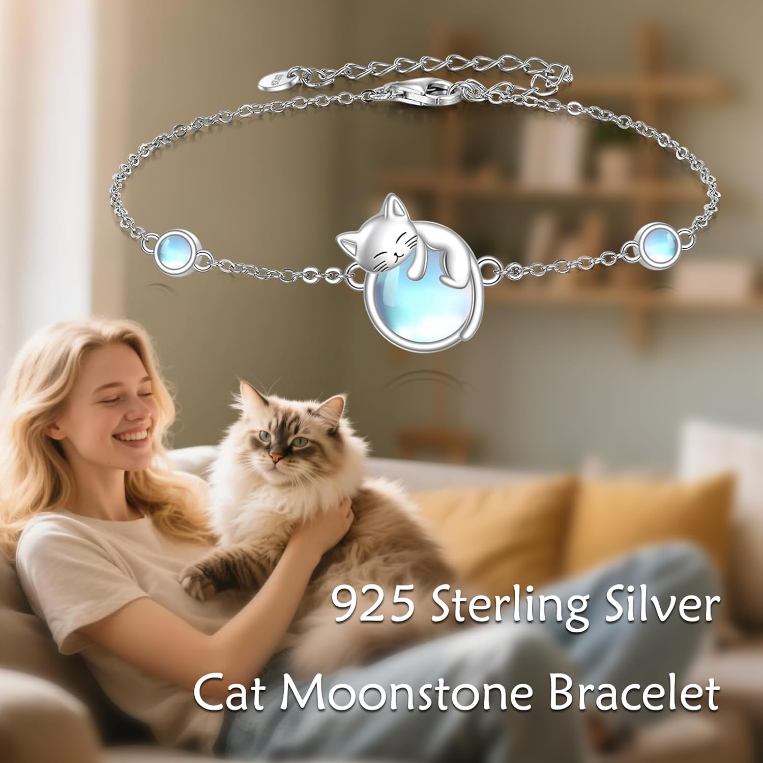 URONE Cat Bracelet 925 Sterling Silver Moonstone Bracelet Cat Jewelry Gifts for Women