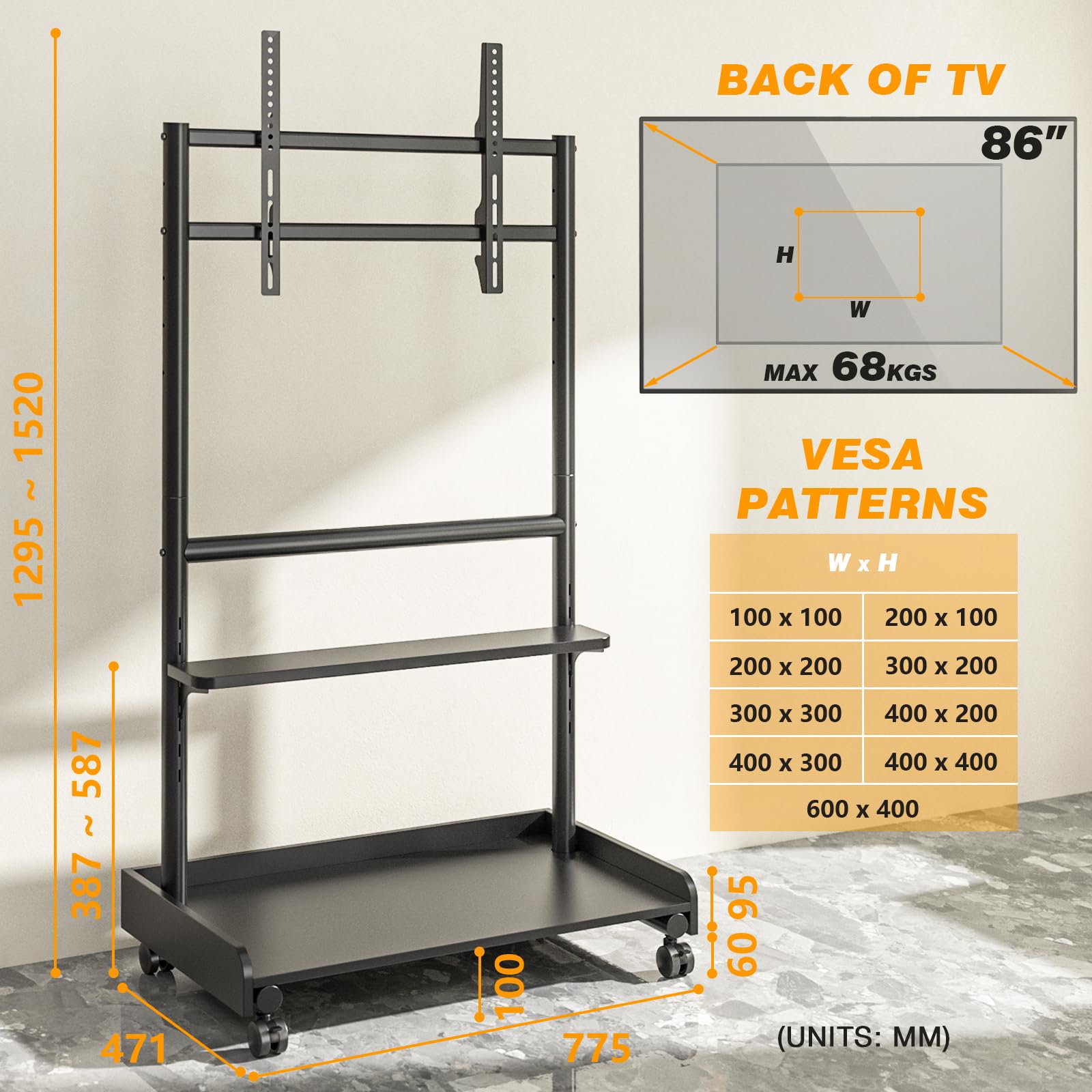 TVON Support TV sur Pied pour Téléviseur de 40-86 Pouce Ecran LED LCD Plasma, Support TV roulettes avec Socle en Bois Réglable en Hauteur Chariot TV avec Étagère Jusqu 'à 68 kg Max VESA 600x400 mm