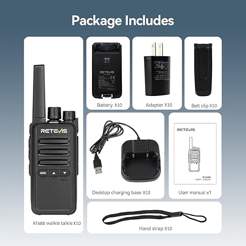 Miniatura 9 de Retevis RT68B Walkie Talkies de largo alcance, radios recargables de 2 vías con base de carga, alarma de emergencia, walkie talkie FRS para almacén