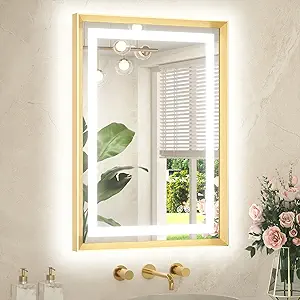TETOTE 22 x 30 Bathroom LED Mirror Brushed Gold Metal Frame Frontlit & Backlit Vanity Mirror Anti-Fog Stepless Dimmable 3 Colors White/Warm/Natural Mirror with Lights Wall-Mounted