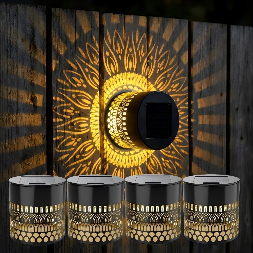 4 Pack Solar Mandala Wall Lights, Ip65 Waterproof Seven-Color Changing Decorative Solar Mandala Projection Lamp, Outdoor Waterproof Metal Fence Light for Yard Garden (4, Yellow – Circle 1)
