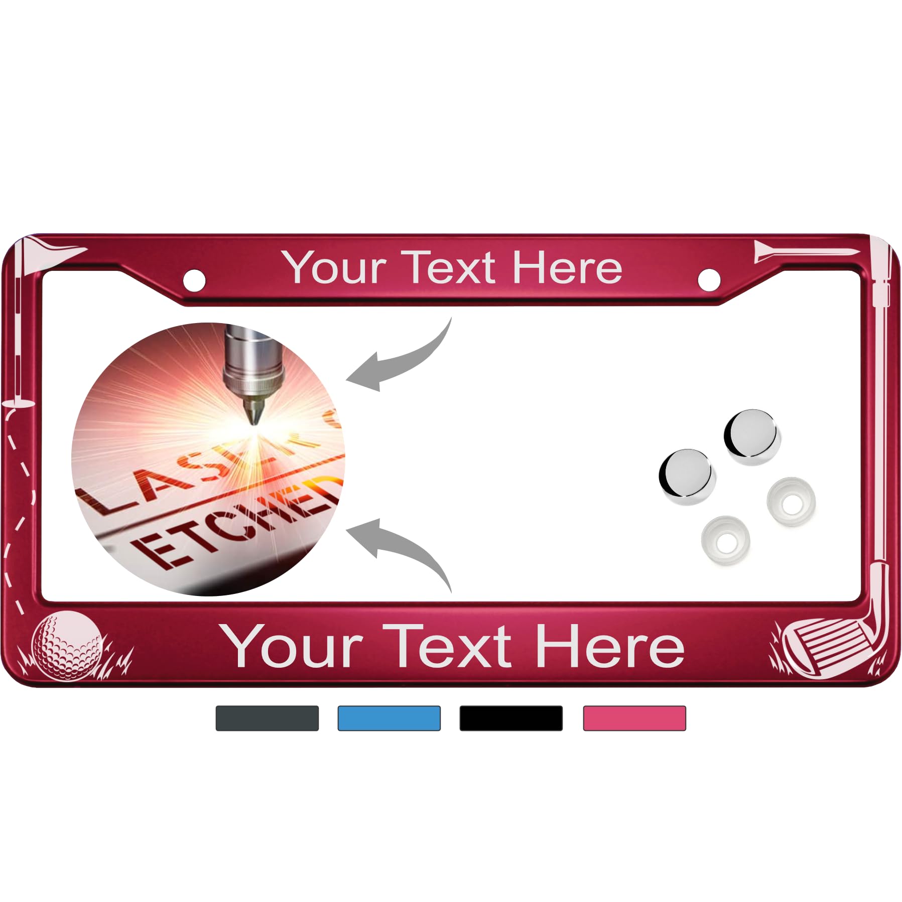 Golf Club and Ball Design with Your Custom Text | Laser Etched Anodized Aluminum Standard Size - CAR/Automobile License Plate Frame & Free caps - Dark