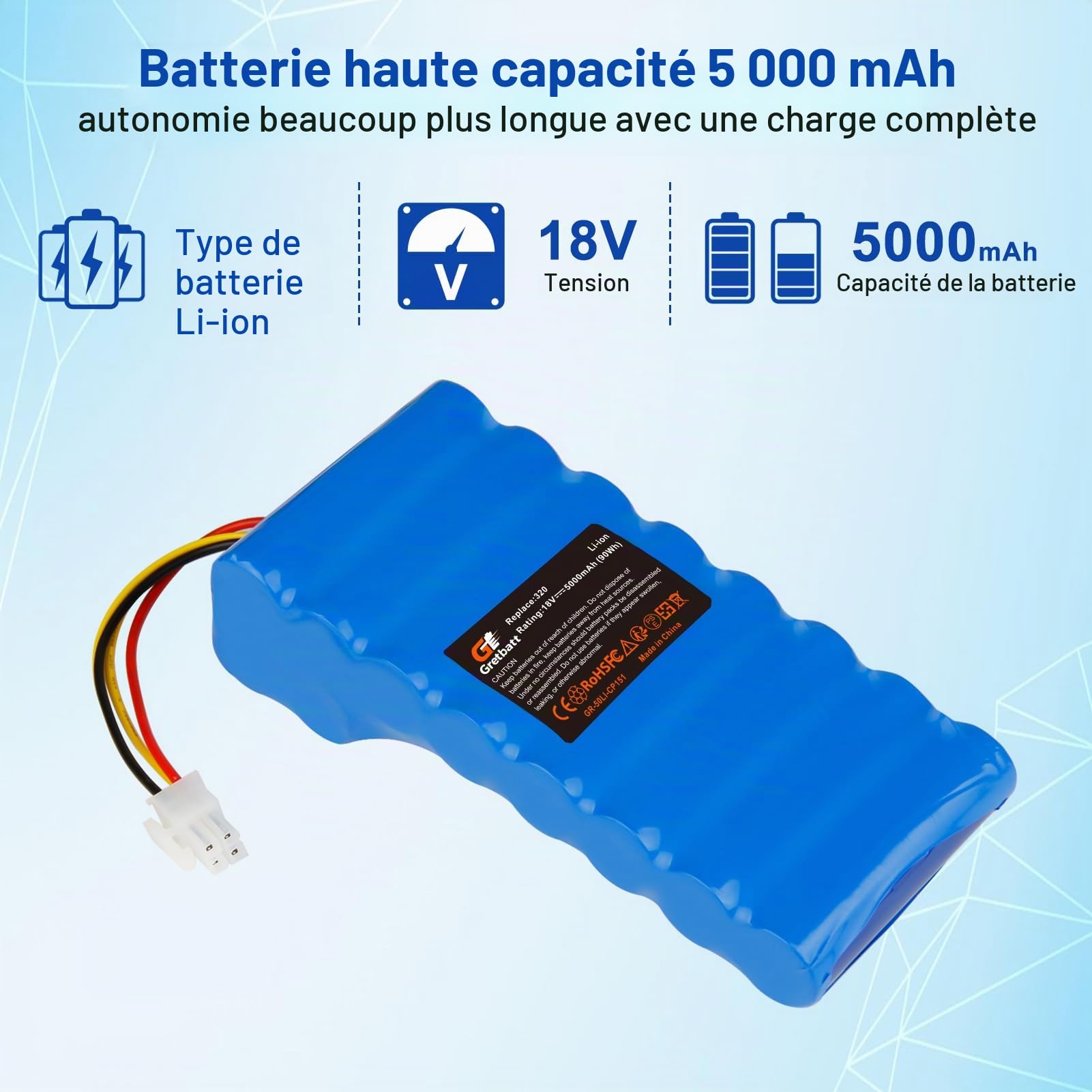 Batterie de Rechange 18 V 5,0 Ah pour Robot Tondeuse Automower 320, 330X, 420, 430, 440, 450X, 520, 550, Remplacement pour Batterie 580 68 33-01,580 68 33-02.