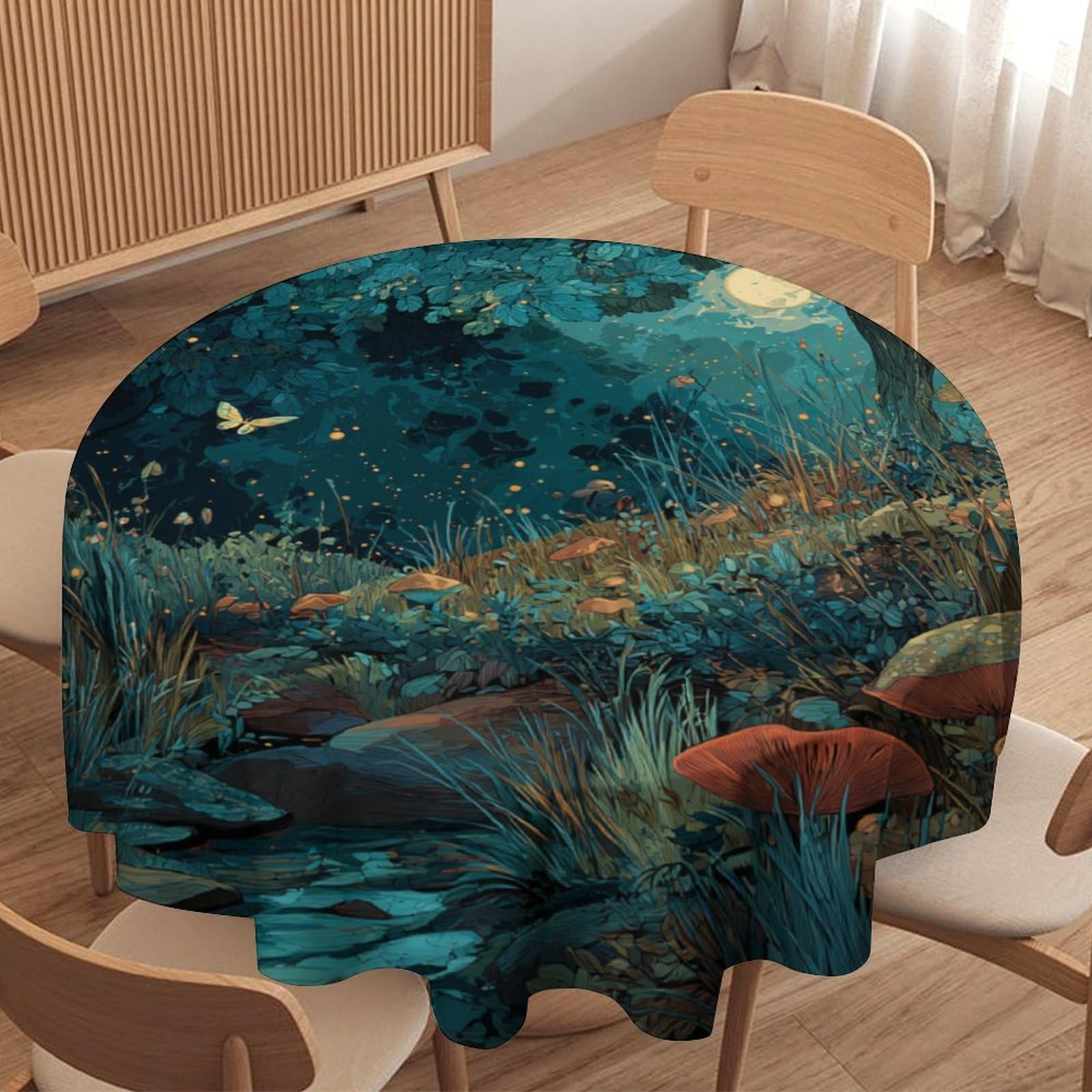 LUYYSKY Colorful Rustic Mushroom Forest Round Tablecloth Natural Watercolor Full Moon Animal Butterflies Print Washable Decor for Table Cover for Kitchen-177.8" Wx177.8 L cm