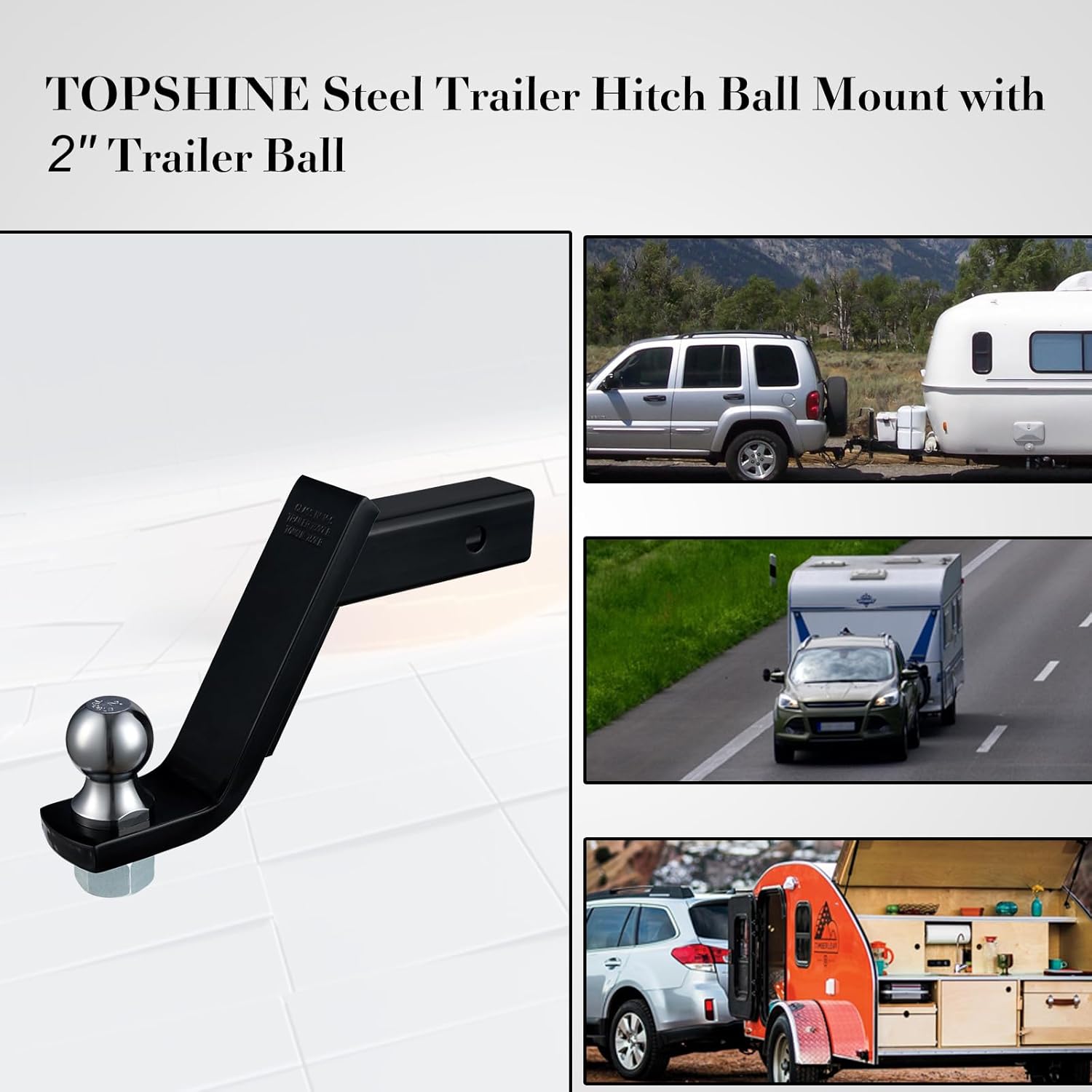 TOPSHINE Trailer Hitch Ball Mount with 2 in Ball & Hitch Pin, Heavy Duty Steel Fits 2 Inch Receiver, 7500lbs Capacity, 6-in Drop, 3pcs Hitch Receiver Silencer Pad Included, Black