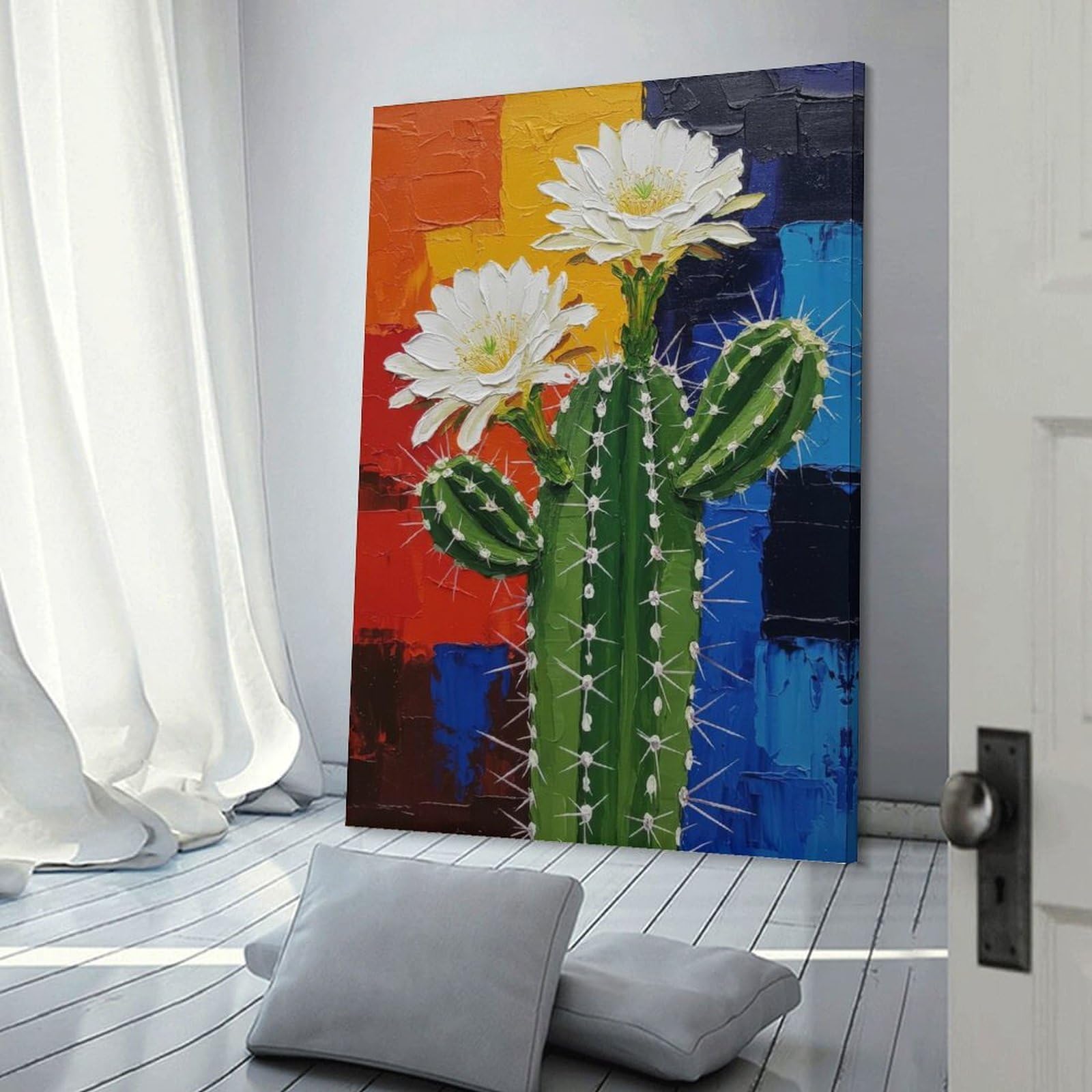 Junmoney Frame-Style-10 Blooming Cactus Painting With Colorful Background Canvas Wall Art, 24X36inch(60X90cm), For Living Room, Bedroom Or Apartment Walls, Decorative Artwork For Empty Walls
