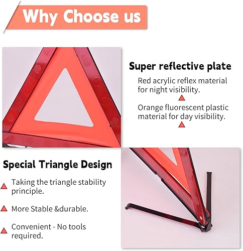 Miniatura 8 de DEDC Triángulo de advertencia, triángulo de seguridad plegable, kit de advertencia triple, reflector triangular de advertencia, señal de peligro en
