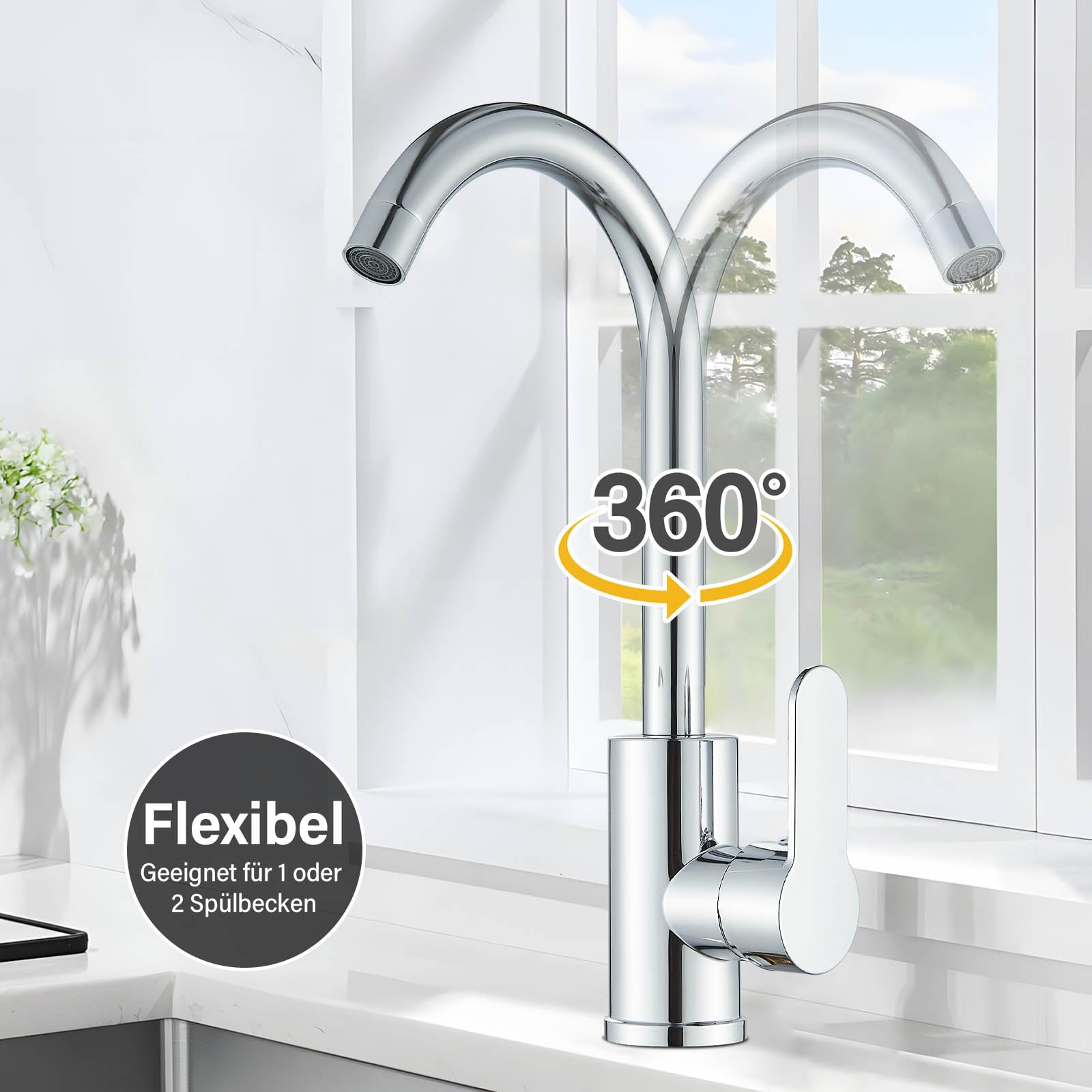 Wasserhahn Küche Küchenarmatur mit Einhebelmische 360° Drehung Hochdruck Spültischarmatur Mischbatterie Küche Edelstahl Küchenarmatur mit Hoher Auslauf, Chrom