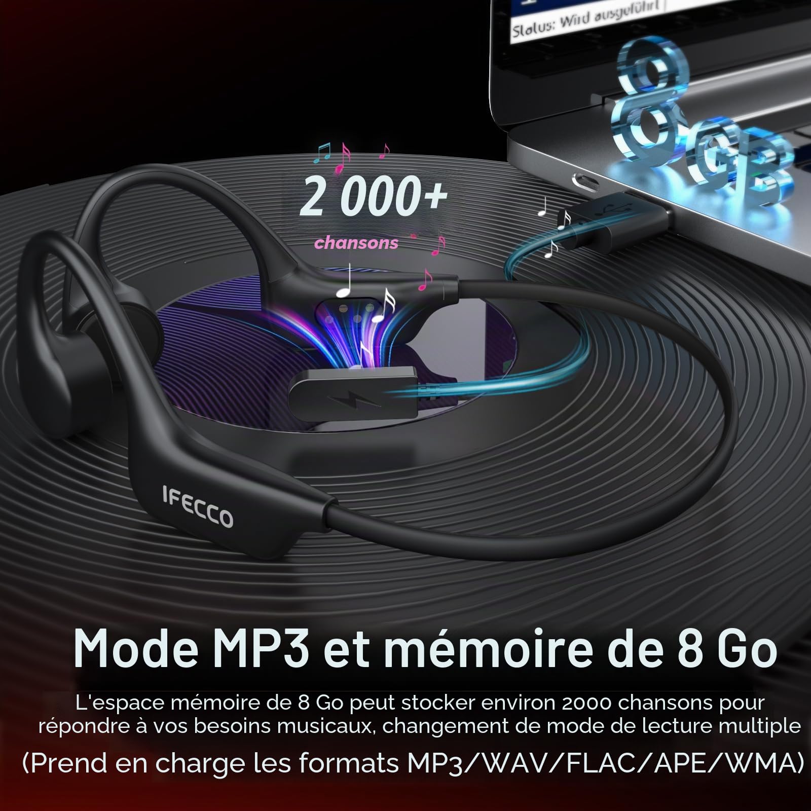 IFECCO Casque Conduction Osseuse Natation Bluetooth 6.0 (Noir) | IP68 Étanche Ecouteur Waterproof Écouteurs Ouverts sous l'eau avec MP3 8G pour Course à Pied, Cyclisme, Sport
