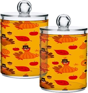 STAYTOP 2PCS Qtip Dispenser Apothecary Jars Bathroom with Labels - Qtip Holder Storage Canister Clear Plastic Acrylic Jar for Cotton Ball,Cotton Swab,Coffee Bean-Cute Thanksgiving Turkey