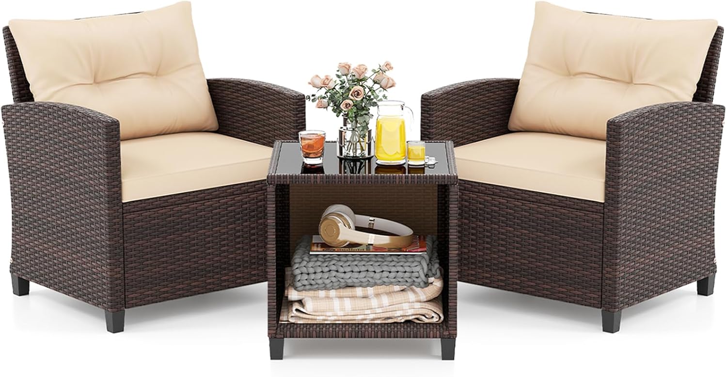 KOTEK 3 Piece Patio Furniture Set, Outdoor Conversation Set with Washable Cushions & Storage Table, PE Rattan Wicker Bistro Set for Porch, Backyard, Balcony (Beige)