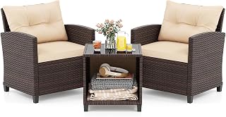 KOTEK 3 Piece Patio Furniture Set, Outdoor Conversation Set with Washable Cushions & Storage Table, PE Rattan Wicker Bistro Set for Porch, Backyard, Balcony (Beige)