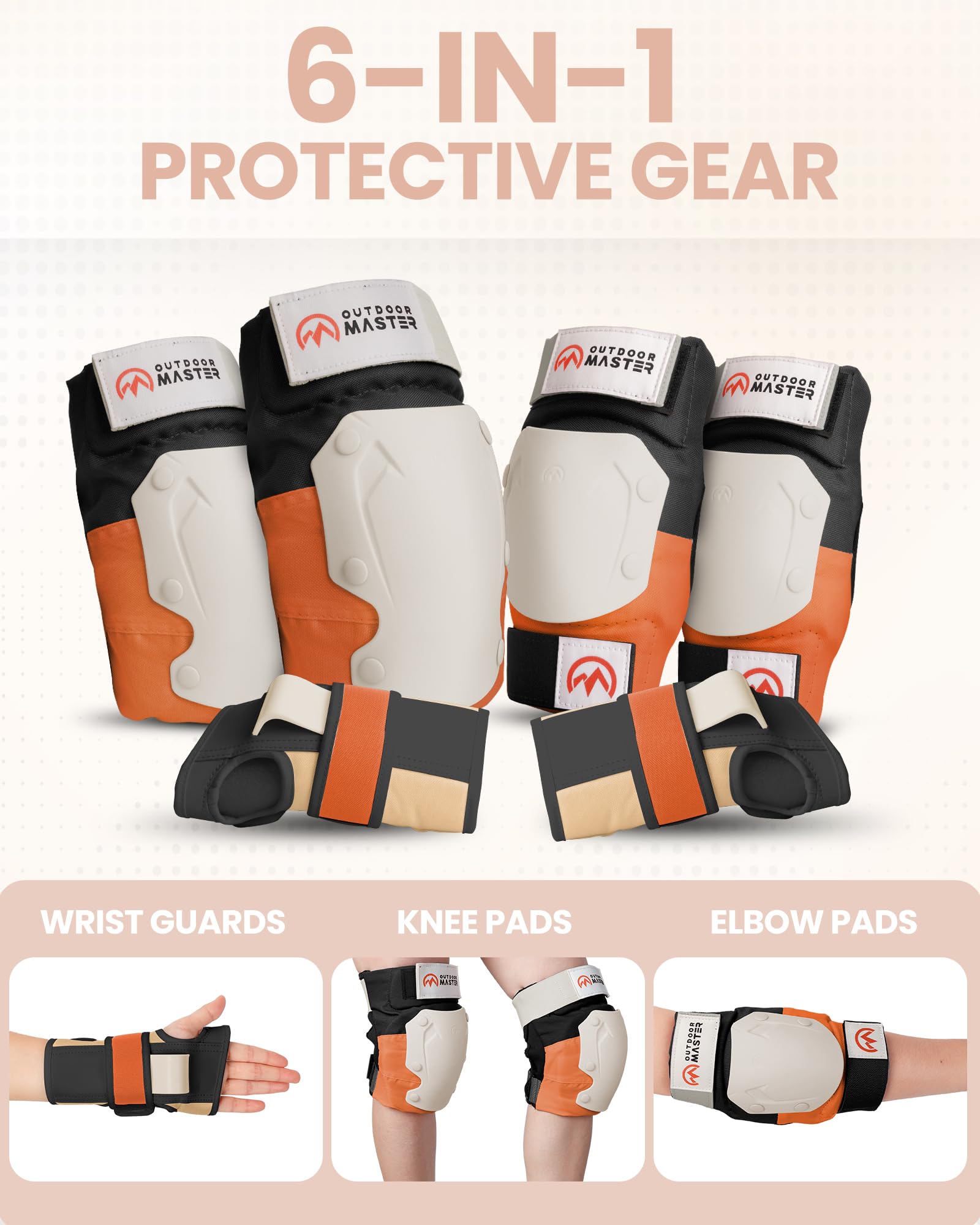 OutdoorMaster Adult Knee and Elbow Pads Set - Skate Protective Gear with Wrist Guards - Adult & Youth - Orange, M/L - [6pcs]