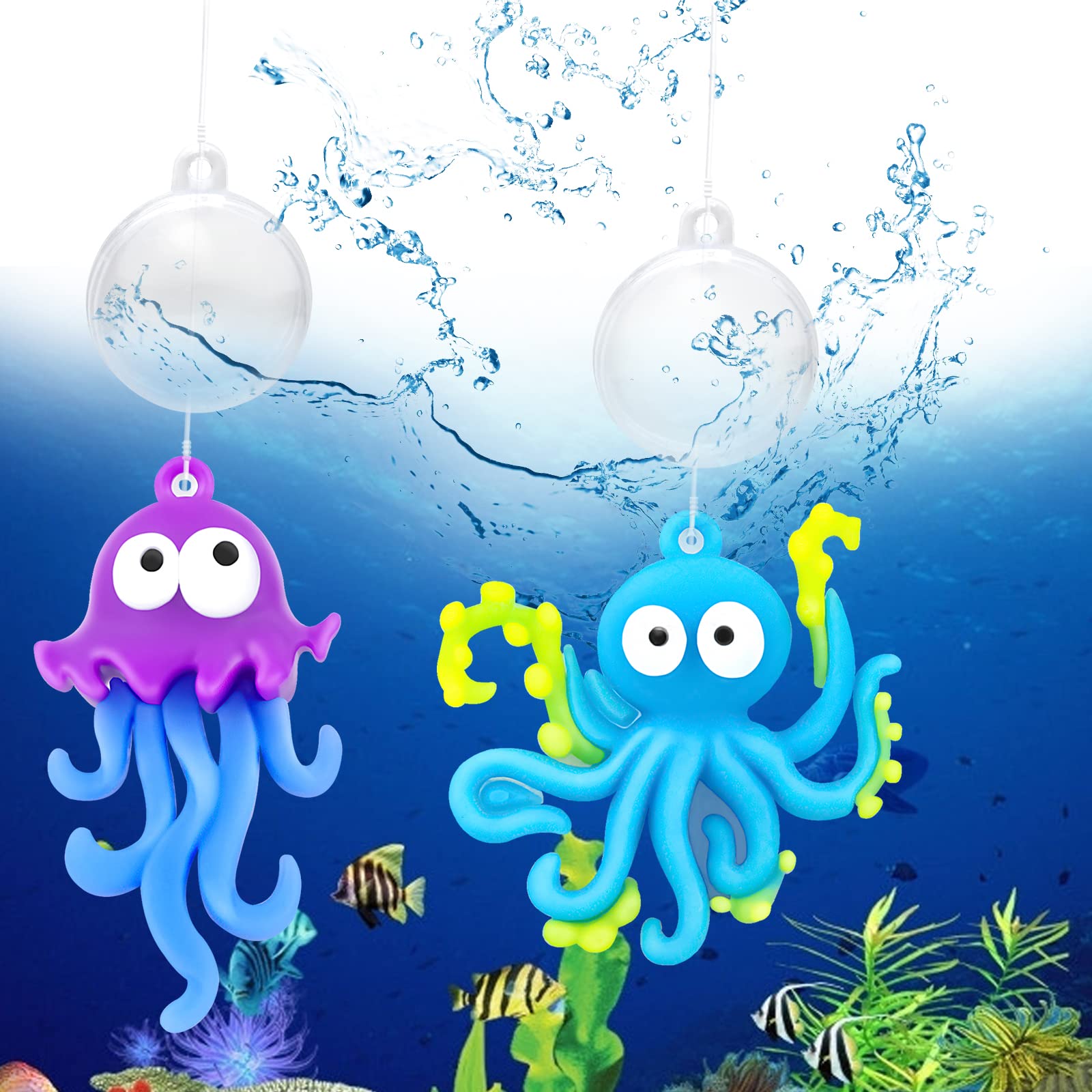 PSMILE 2PCS Floating Fish Tank Octopus and Mini Octopus with Floating Ball Lovely Fish Tank Decorations Fish Toy Floating Landscaping Decoration Blue&Purple