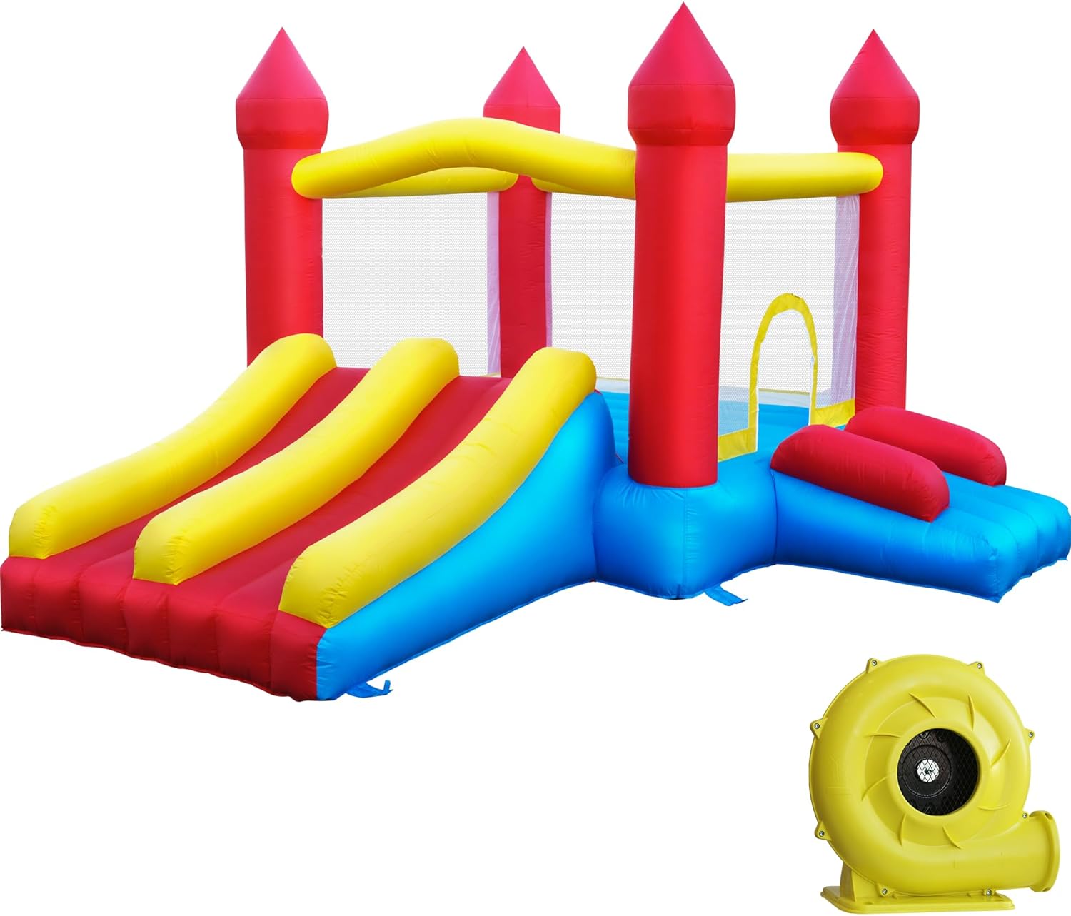 Bounce House, Inflatable Bounce Castle with Slide and Jumping Area for Kids, Bouncer w/Basketball Rim, Blower, Ball Pool, for Children's Toy Gift Indoor Outdoor