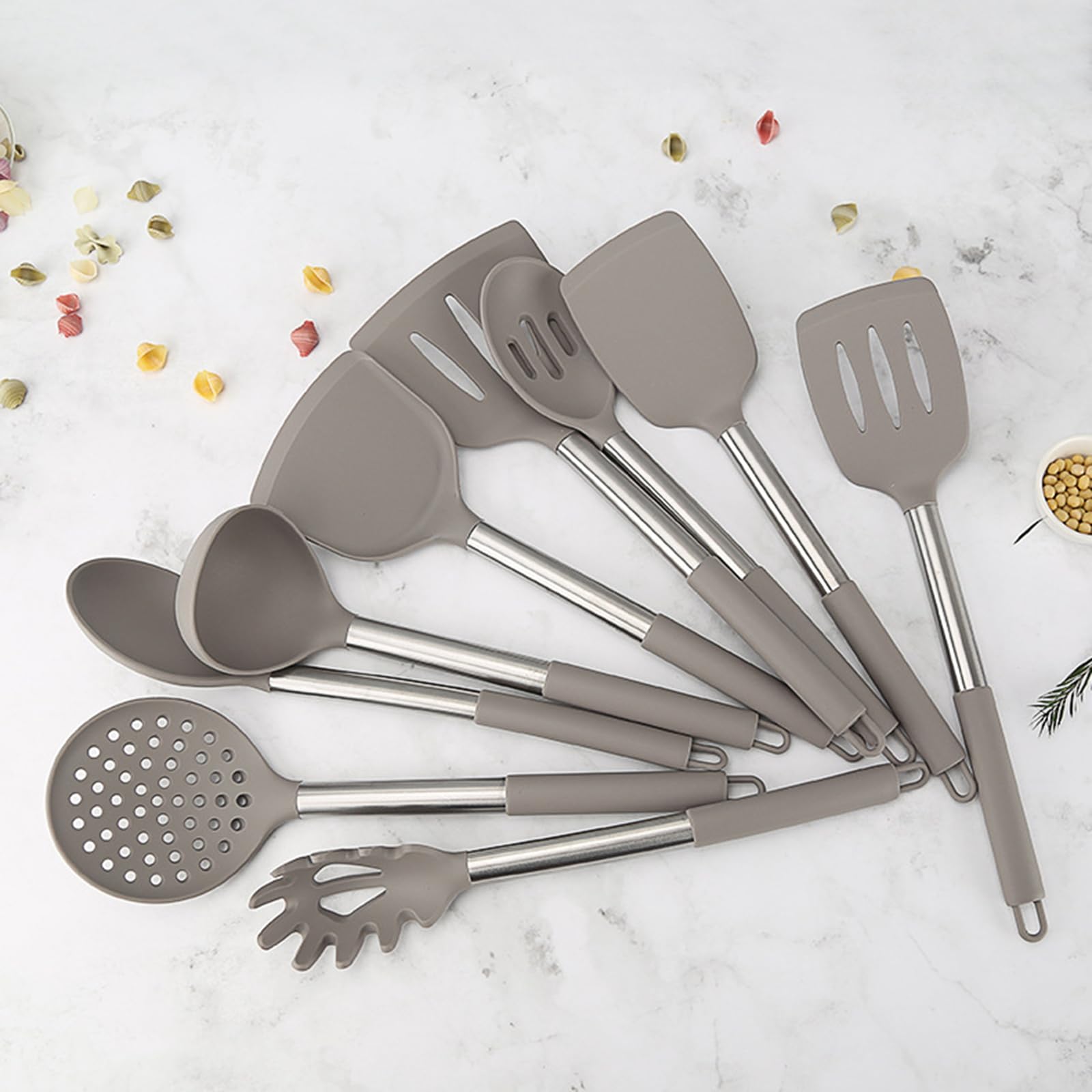 Küchenhelfer-Set aus Silikon mit Edelstahlgriff, hitzebeständige Kochutensilien, 9-teiliges Utensilien-Set mit Aufbewahrungshalter