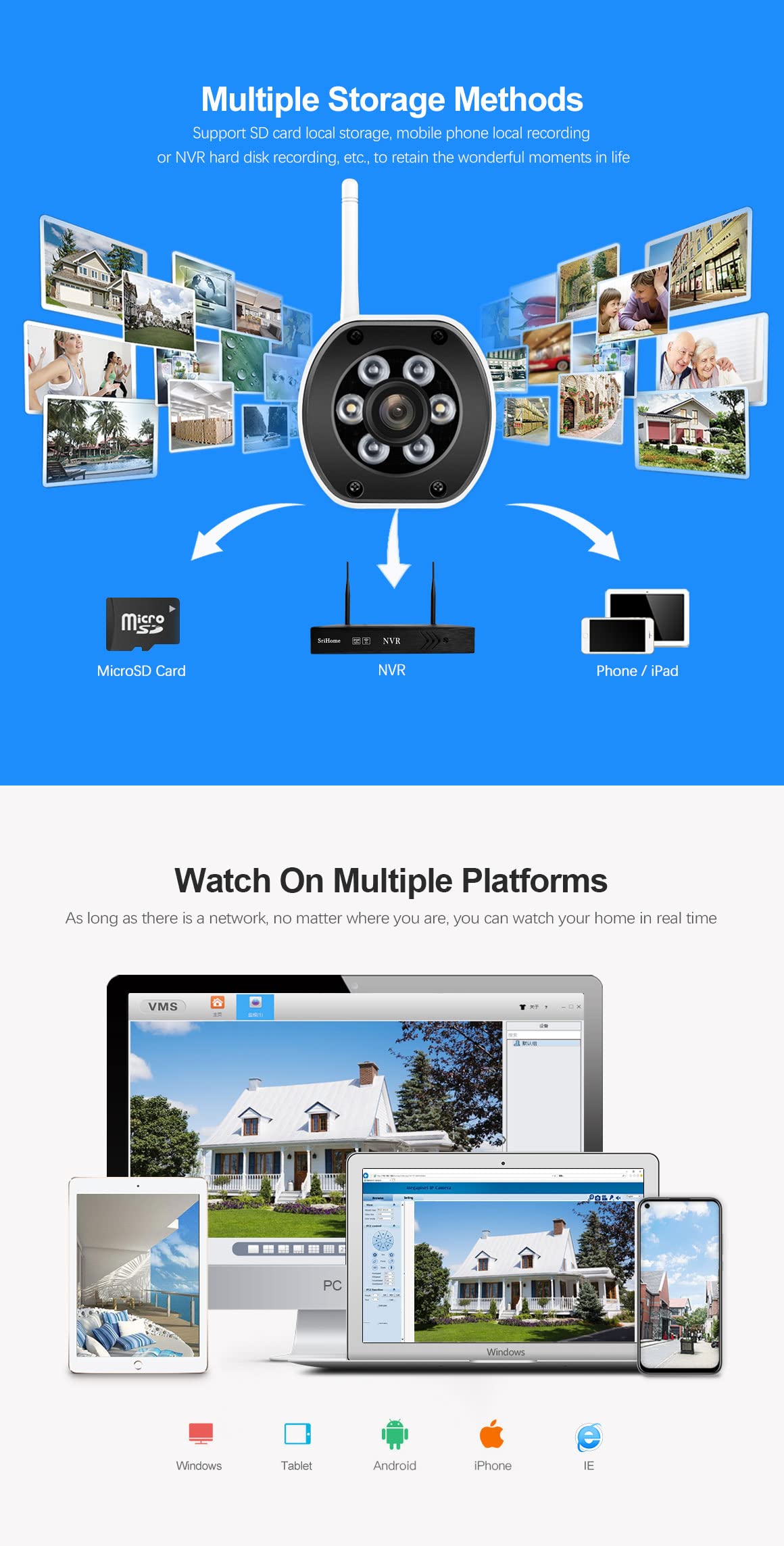 SRIHOME 5MP 1920P 2.4GHz/5GHz QHD WiFi Surveillance IP Caméra, Détection humanoïde, Vision Nocturne Pleine Couleur, IP66 Waterproof, Audio 2Way, extérieur/intérieur, Stockage Local Multi-méthodes