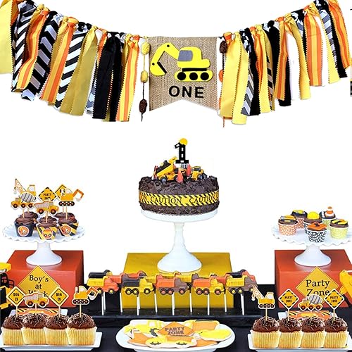 Miniatura 6 de Juego de decoración de primer cumpleaños para bebé, diseño de feliz cumpleaños, decoración de tarta, vehículo de construcción, camión, suministros