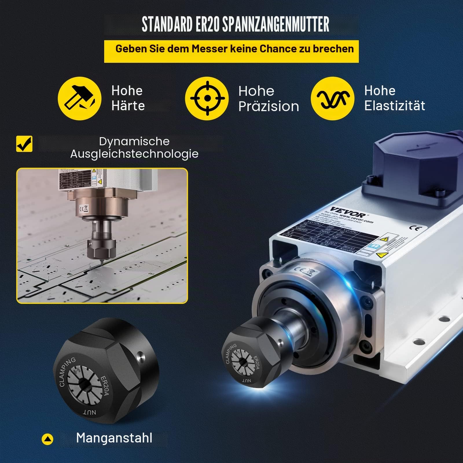 VEVOR Luftgekühlter Spindelmotor mit VFD Inverter-Set, 2,2 kW ER20 CNC Motor für Luftgekühlte Gravierspindelmotor Spindelmotor zum Schnitzen von Materialien wie Holz, Stein usw