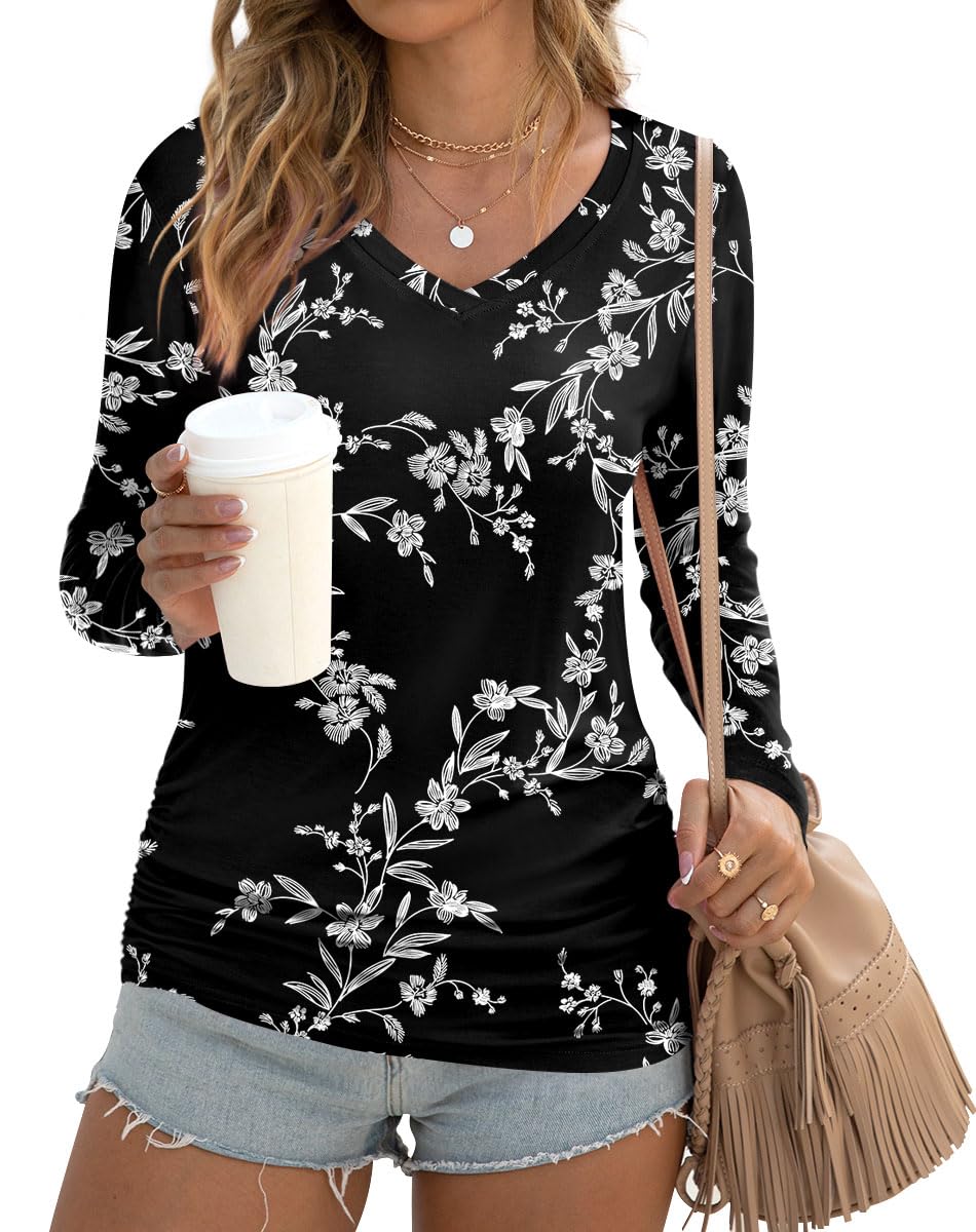 Anydoll Women's Fall Long Sleeve Tunic Tops Casual Dressy Casual Vneck T Shirts Ruched Blouse