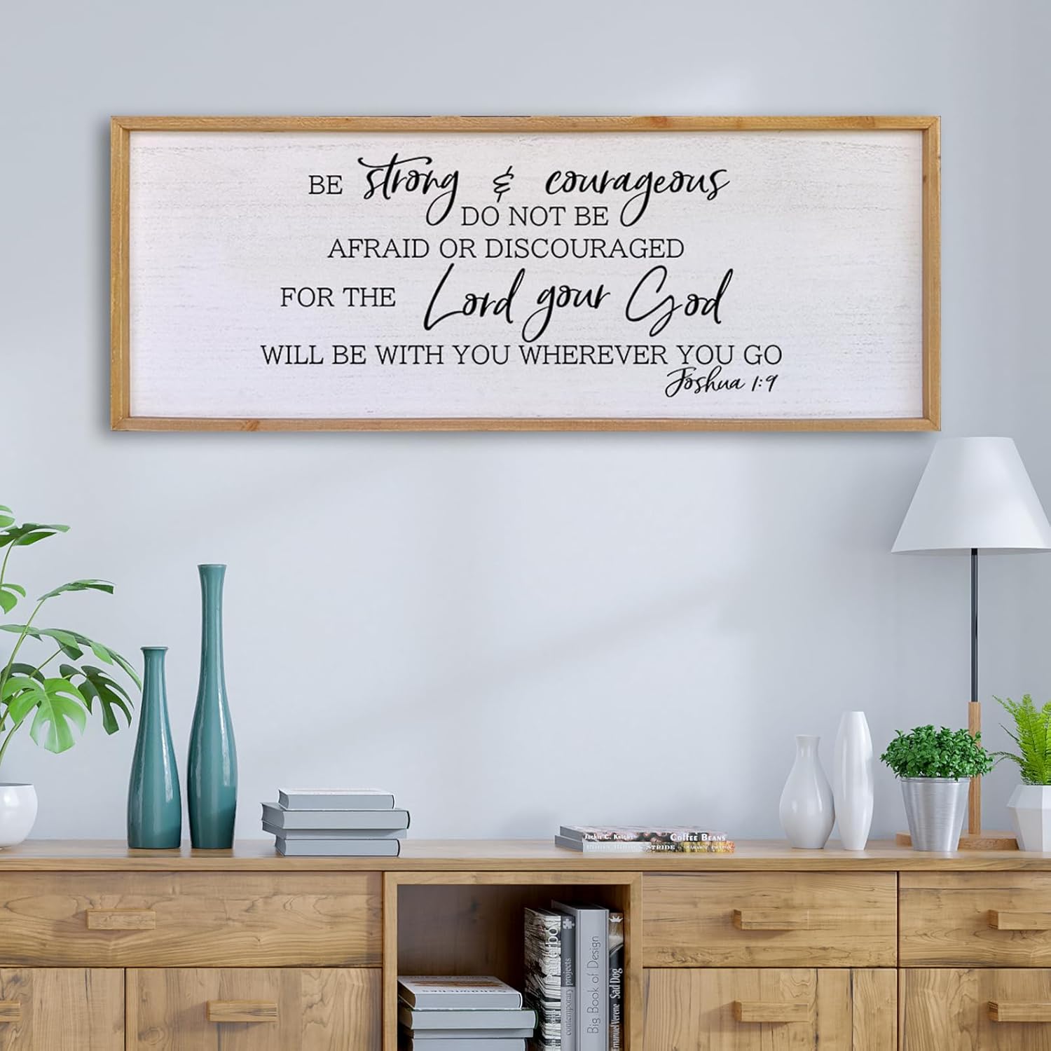 Size 40x 15 Be Strong And Courageous Sign Wall Decor 40x15 Large Farmhouse Living Room Plaque Joshua 1:9 Bible Verse Inspirational Quote Positive Faith Home Hanging Rustic Catholic Scripture Christian Art (Wood)