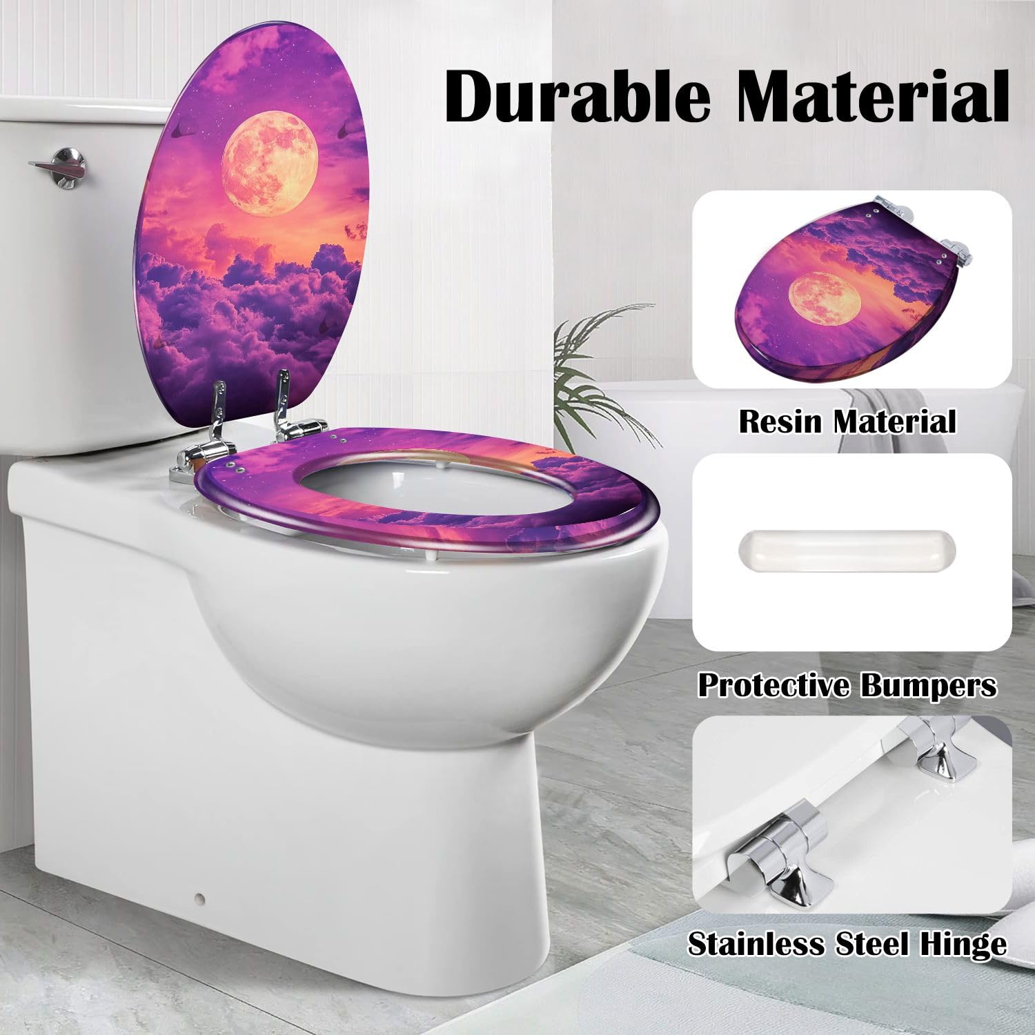 Asiento de inodoro alargado con bisagras de cierre suave para baño.