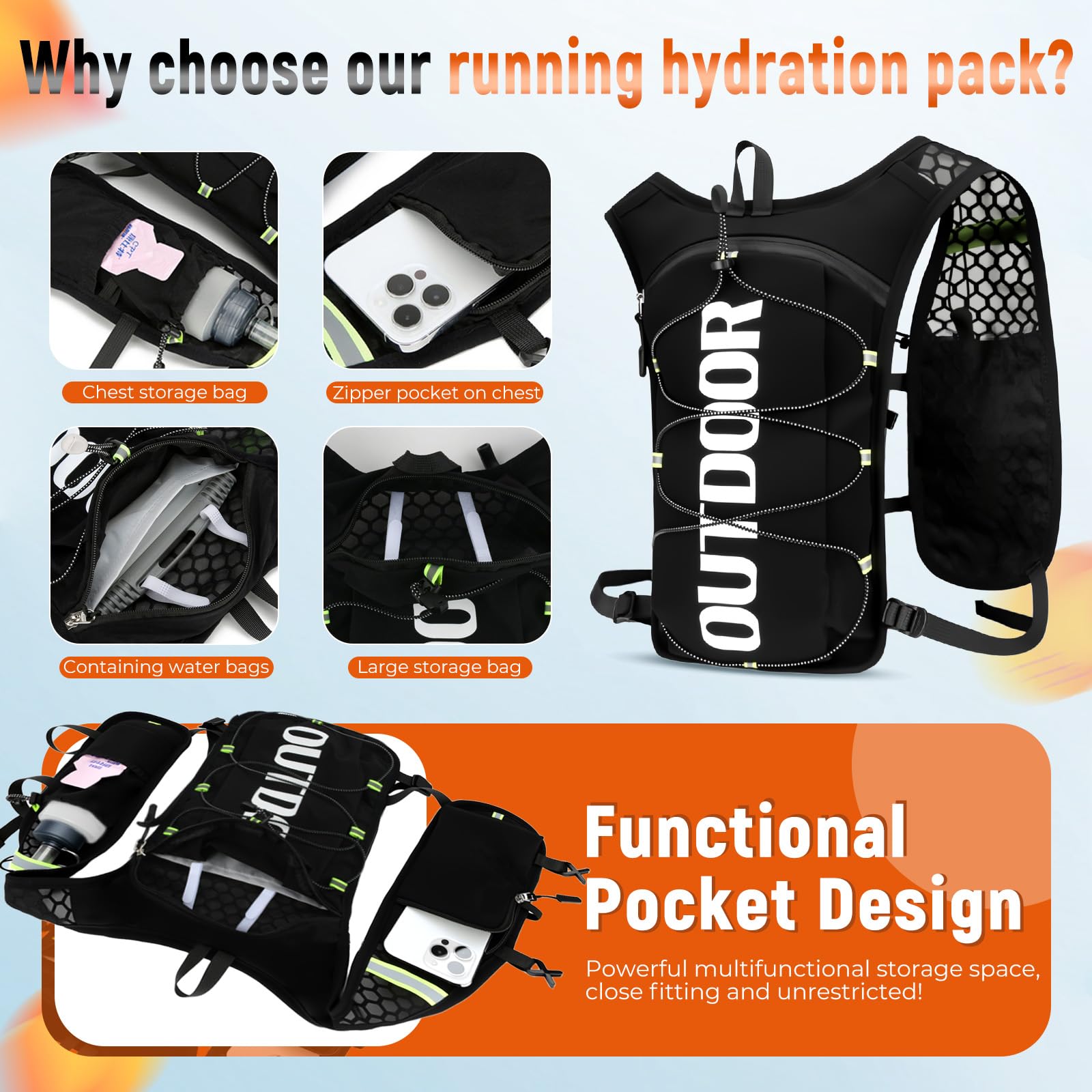 Gilet da Corsa per Uomo e Donna, Zaino Trail Running con 1.5L Sacca Idrica 500ml Borraccie Morbide, Zaino Idratazione Regolabile, Zaino da Corsa per Escursionismo Sentieri Maratone Ciclismo